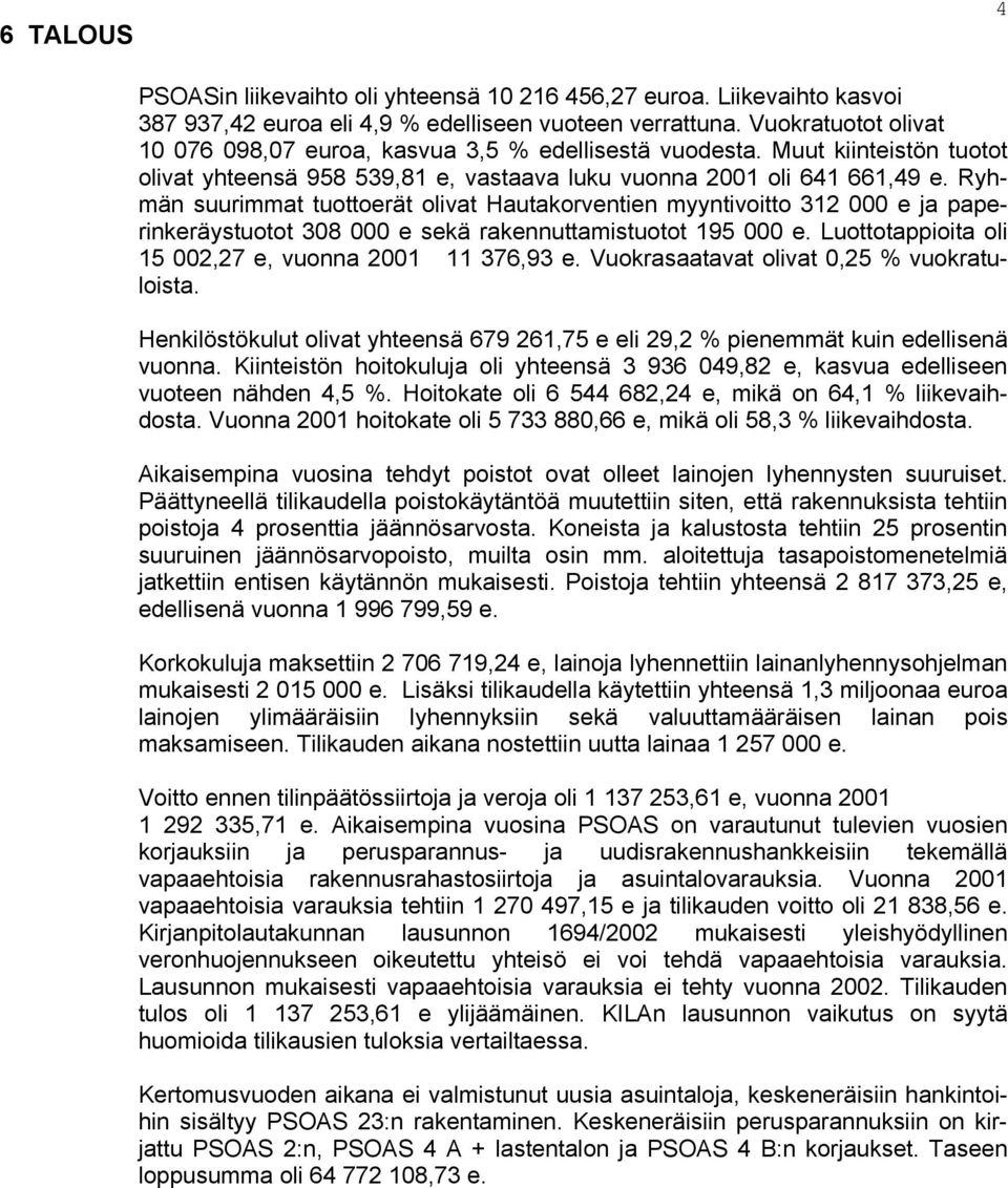 Ryhmän suurimmat tuottoerät olivat Hautakorventien myyntivoitto 312 000 e ja paperinkeräystuotot 308 000 e sekä rakennuttamistuotot 195 000 e. Luottotappioita oli 15 002,27 e, vuonna 2001 11 376,93 e.