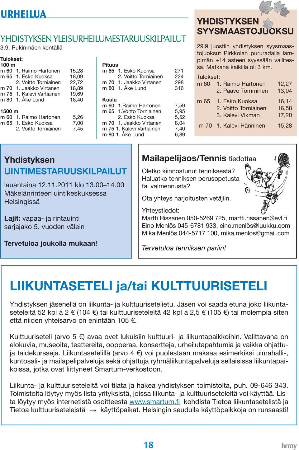 Voitto Torniainen 224 m 70 1. Jaakko Virtanen 298 m 80 1. Åke Lund 316 Kuula m 60 1.Raimo Hartonen 7,59 m 65 1.Voitto Torniainen 5,95 2. Esko Kuoksa 5,52 m 70 1. Jaakko Virtanen 8,04 m 75 1.