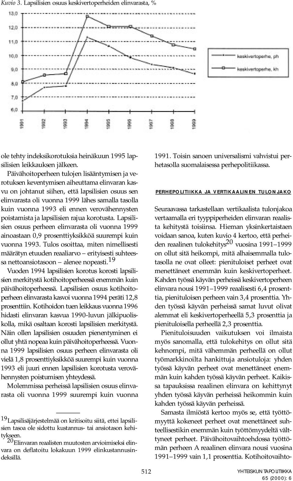 vuonna 1993 eli ennen verovähennysten poistamista ja lapsilisien rajua korotusta. Lapsilisien osuus perheen elinvarasta oli vuonna 1999 ainoastaan 0,9 prosenttiyksikköä suurempi kuin vuonna 1993.