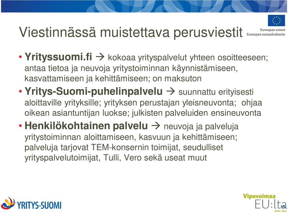 Yritys-Suomi-puhelinpalvelu suunnattu erityisesti aloittaville yrityksille; yrityksen perustajan yleisneuvonta; ohjaa oikean asiantuntijan luokse;
