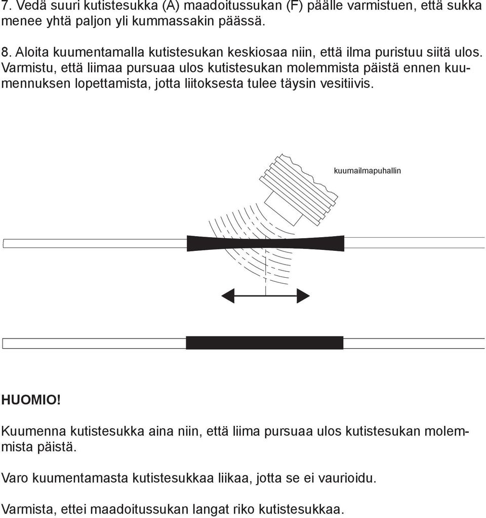 Varmistu, että liimaa pursuaa ulos kutistesukan molemmista päistä ennen kuumennuksen lopettamista, jotta liitoksesta tulee täysin vesitiivis.