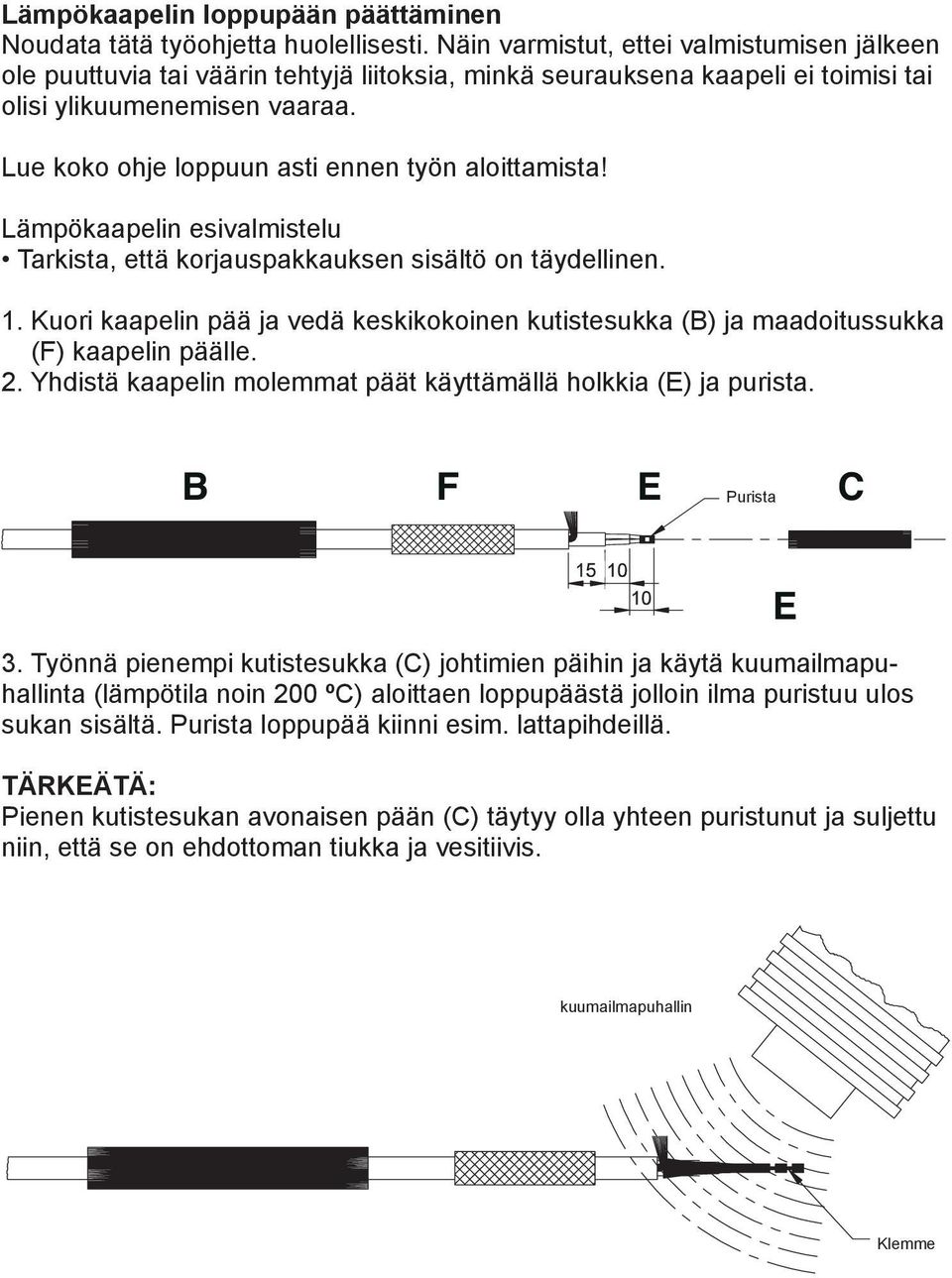 Lue koko ohje loppuun asti ennen työn aloittamista! Lämpökaapelin esivalmistelu Tarkista, että korjauspakkauksen sisältö on täydellinen. 1.