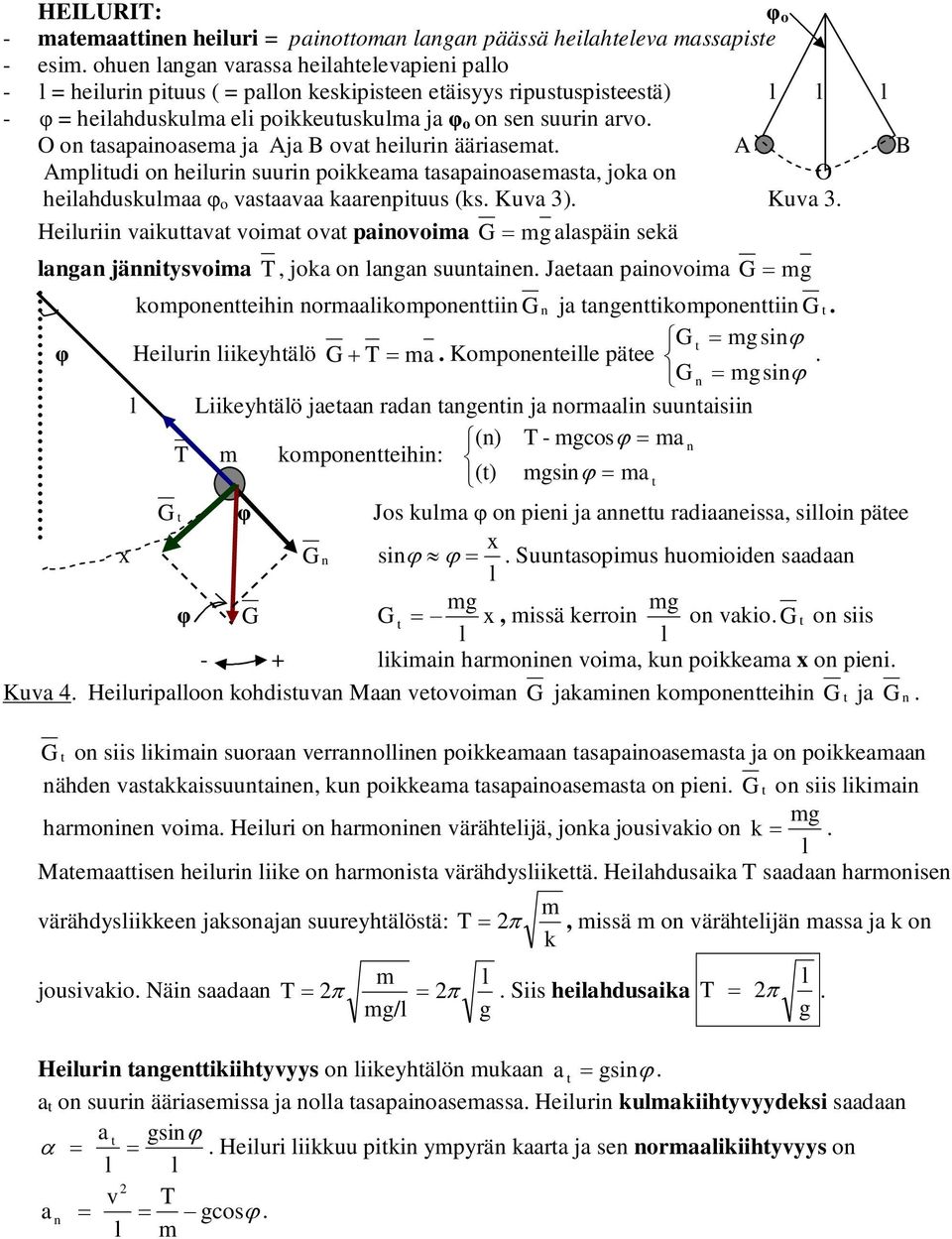 Kua 3 Heiluii aikuttaat imat at paiima G= mg alaspäi sekä laga jäitysima T, jka laga suutaie Jaetaa paiima G= mg kmpetteihi maalikmpettii G ja tagettikmpettii G t G t = mgsiϕ φ Heilui liikeyhtälö G +