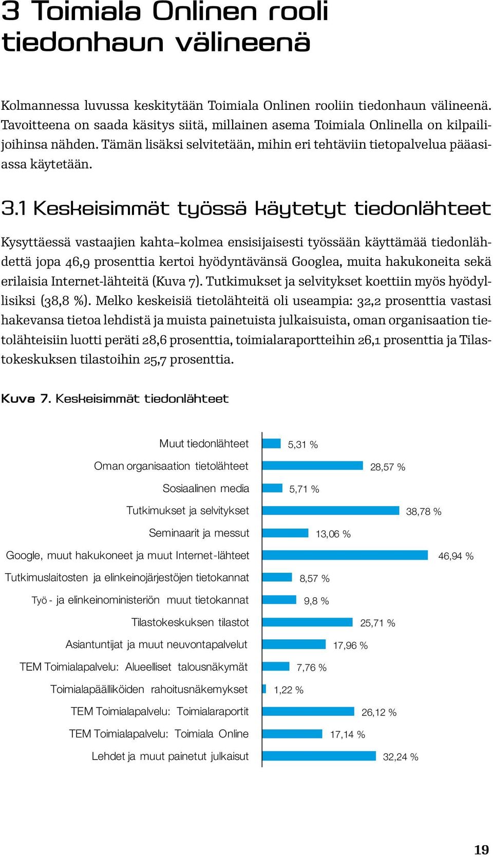 1 Keskeisimmät työssä käytetyt tiedonlähteet Kysyttäessä vastaajien kahta kolmea ensisijaisesti työssään käyttämää tiedonlähdettä jopa 46,9 prosenttia kertoi hyödyntävänsä Googlea, muita hakukoneita