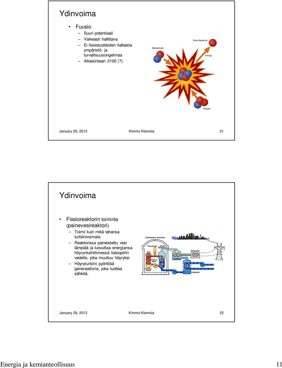 ) January 29, 2013 Kimmo Klemola 21 Ydinvoima Fissioreaktorin toiminta (painevesireaktori) Toimii kuin mikä tahansa