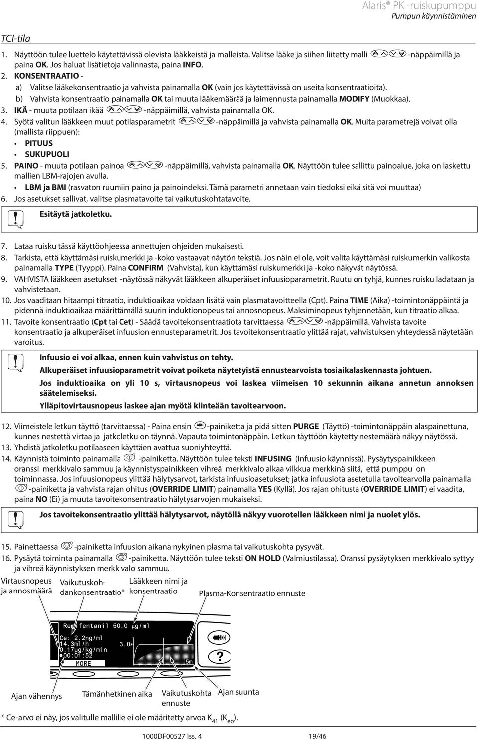 b) Vahvista konsentraatio painamalla OK tai muuta lääkemäärää ja laimennusta painamalla MODIFY (Muokkaa). 3. IKÄ - muuta potilaan ikää f-näppäimillä, vahvista painamalla OK. 4.