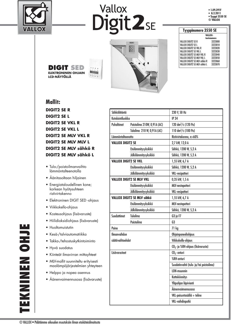 VALLOX DIGIT SE MLV sähkö L TEKNINEN OHJE Mallit: DIGIT SE R DIGIT SE L DIGIT SE VKL R DIGIT SE VKL L DIGIT SE MLV VKL R DIGIT SE MLV MLV L DIGIT SE MLV sähkö R DIGIT SE MLV sähkö L