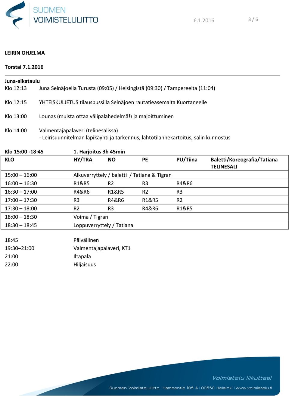 ) ja majoittuminen Valmentajapalaveri (telinesalissa) - Leirisuunnitelman läpikäynti ja tarkennus, lähtötilannekartoitus, salin kunnostus Klo 15:00-18:45 1.