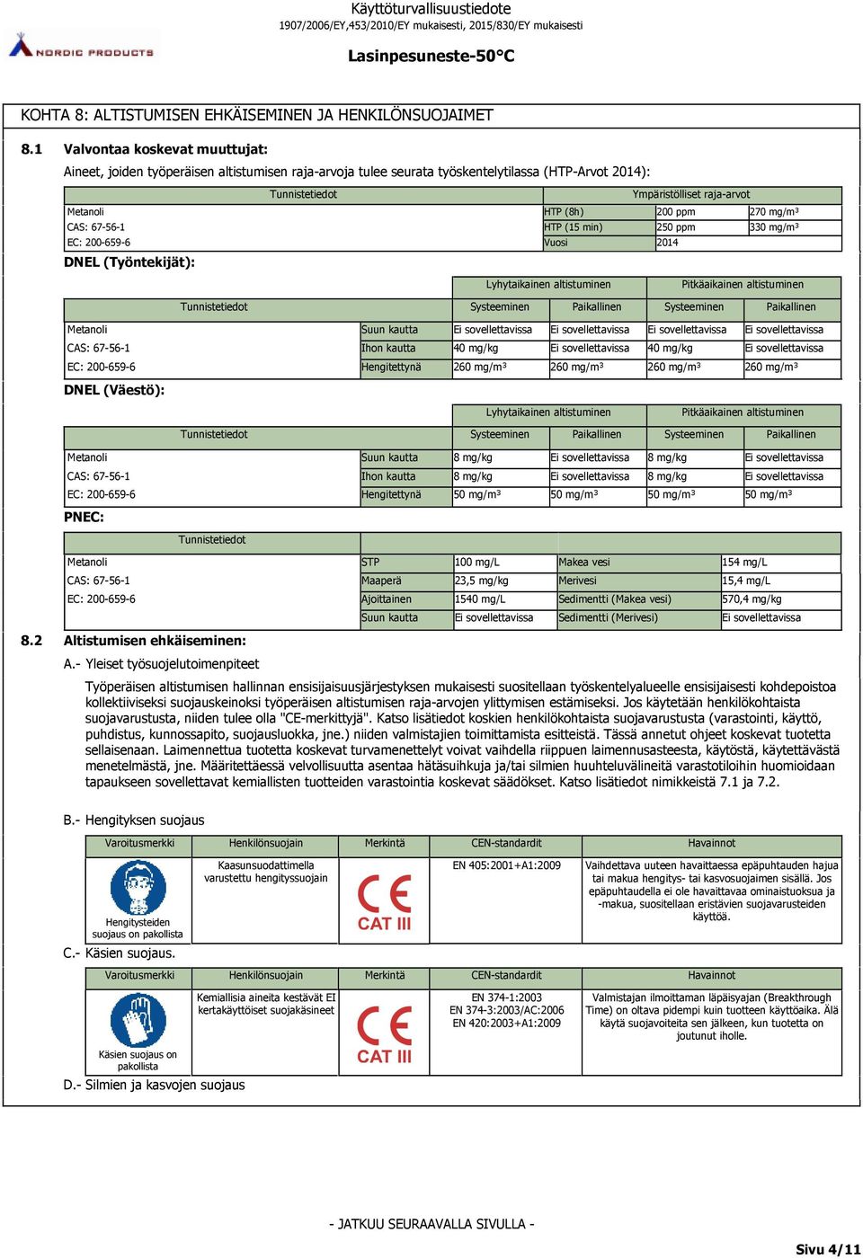 min) 250 ppm 330 mg/m³ Vuosi 2014 DNEL (Työntekijät): Lyhytaikainen altistuminen Pitkäaikainen altistuminen Systeeminen Paikallinen Systeeminen Paikallinen Suun kautta Ihon kautta 40 mg/kg 40 mg/kg