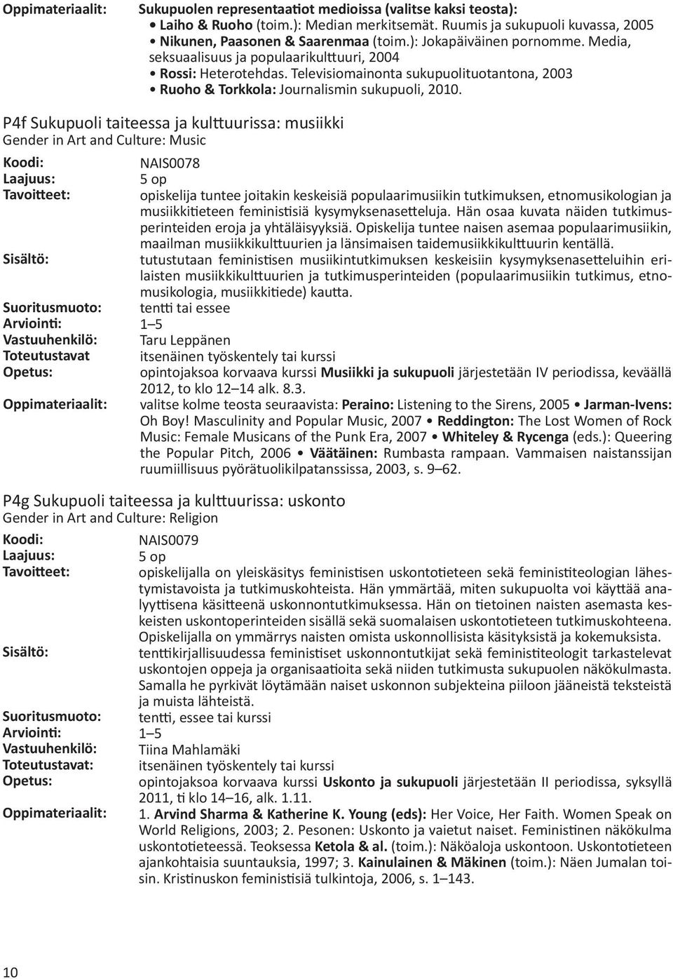 P4f Sukupuoli taiteessa ja kulttuurissa: musiikki Gender in Art and Culture: Music Toteutustavat P4g Sukupuoli taiteessa ja kulttuurissa: uskonto Gender in Art and Culture: Religion NAIS0078