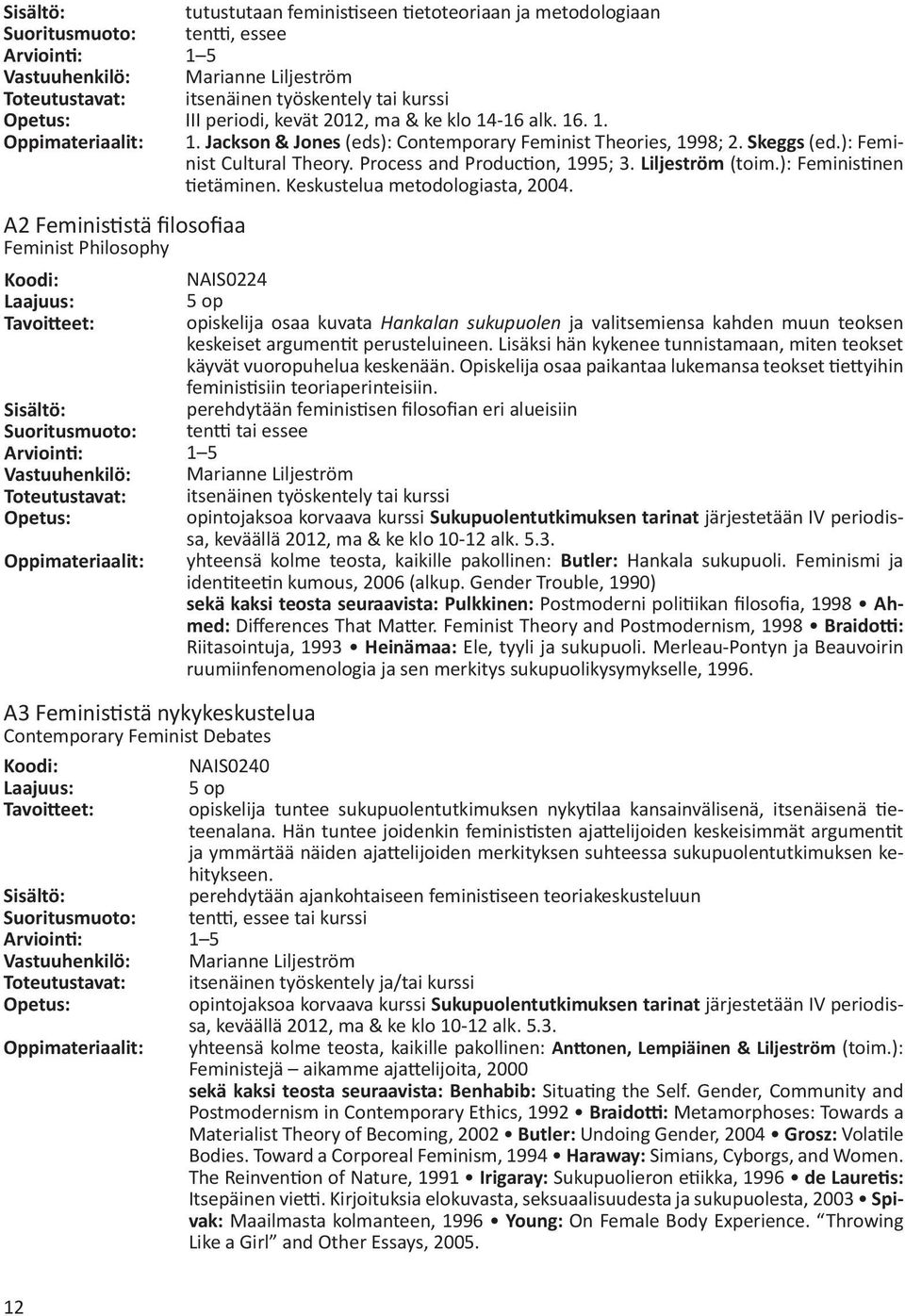 Process and Production, 1995; 3. Liljeström (toim.): Feministinen tietäminen. Keskustelua metodologiasta, 2004.