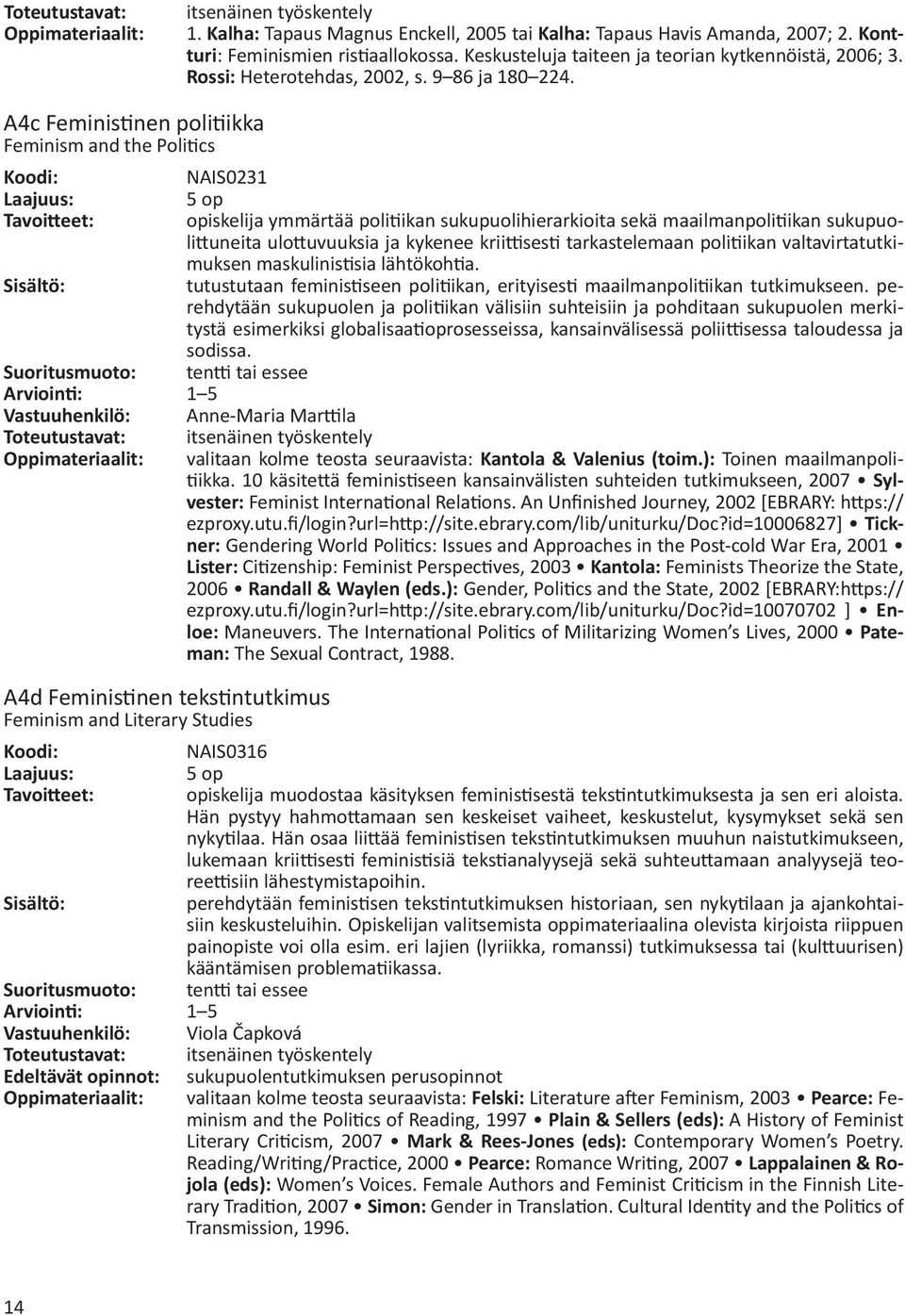 A4c Feministinen politiikka Feminism and the Politics A4d Feministinen tekstintutkimus Feminism and Literary Studies Edeltävät opinnot: NAIS0231 opiskelija ymmärtää politiikan sukupuolihierarkioita