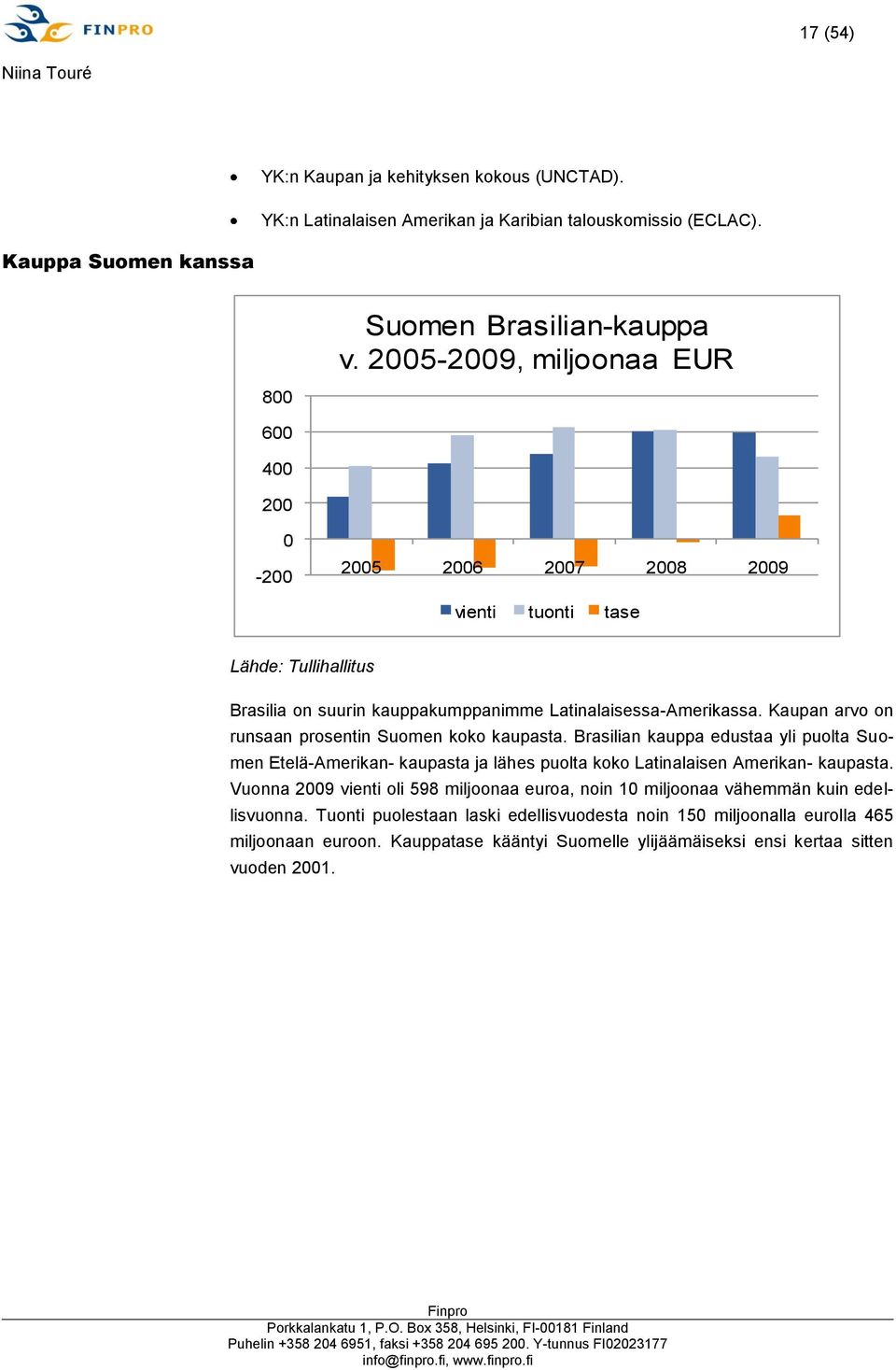 Kaupan arvo on runsaan prosentin Suomen koko kaupasta. Brasilian kauppa edustaa yli puolta Suomen Etelä-Amerikan- kaupasta ja lähes puolta koko Latinalaisen Amerikan- kaupasta.