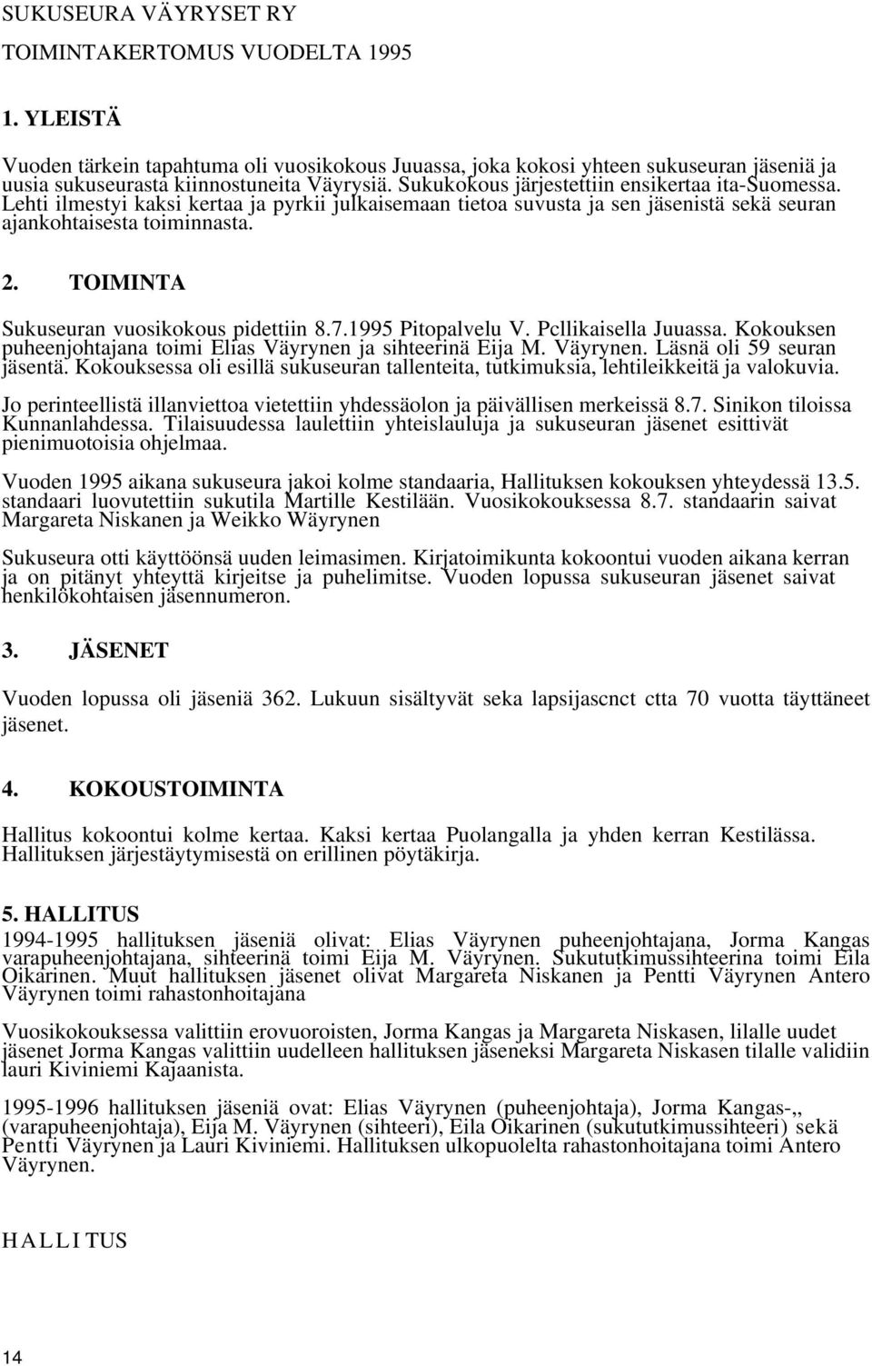 TOIMINTA Sukuseuran vuosikokous pidettiin 8.7.1995 Pitopalvelu V. Pcllikaisella Juuassa. Kokouksen puheenjohtajana toimi Elias Väyrynen ja sihteerinä Eija M. Väyrynen. Läsnä oli 59 seuran jäsentä.