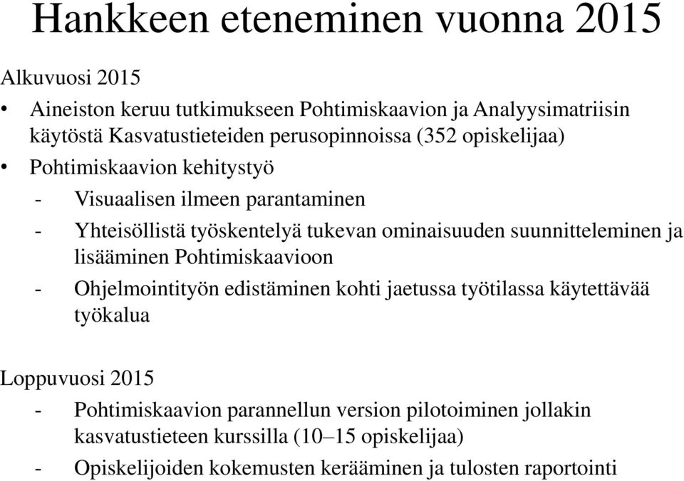 suunnitteleminen ja lisääminen Pohtimiskaavioon - Ohjelmointityön edistäminen kohti jaetussa työtilassa käytettävää työkalua Loppuvuosi 2015 -