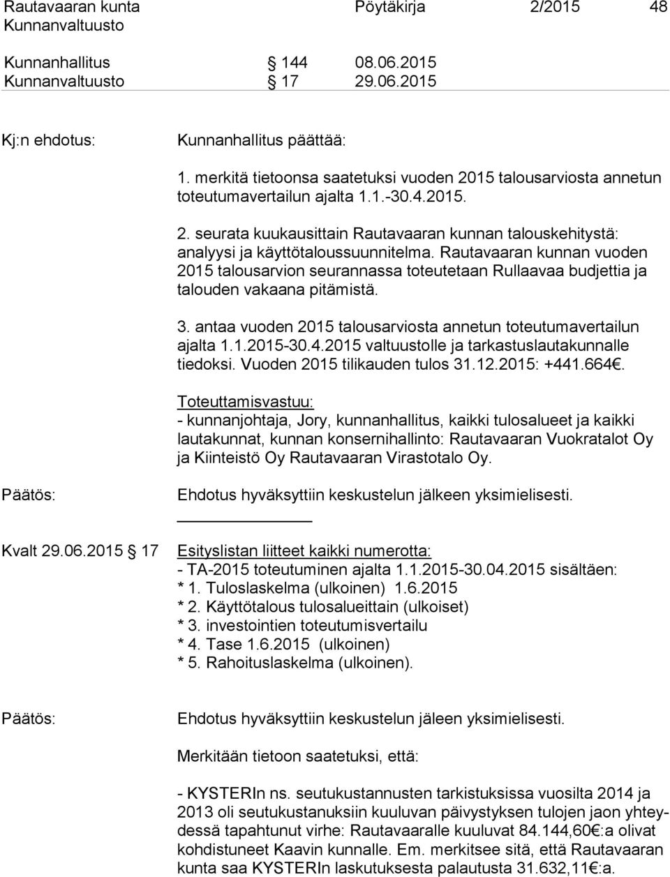 Rautavaaran kunnan vuoden 2015 talousarvion seurannassa toteutetaan Rullaavaa budjettia ja talouden vakaana pitämistä. 3. antaa vuoden 2015 talousarviosta annetun toteutumavertailun ajalta 1.1.2015-30.