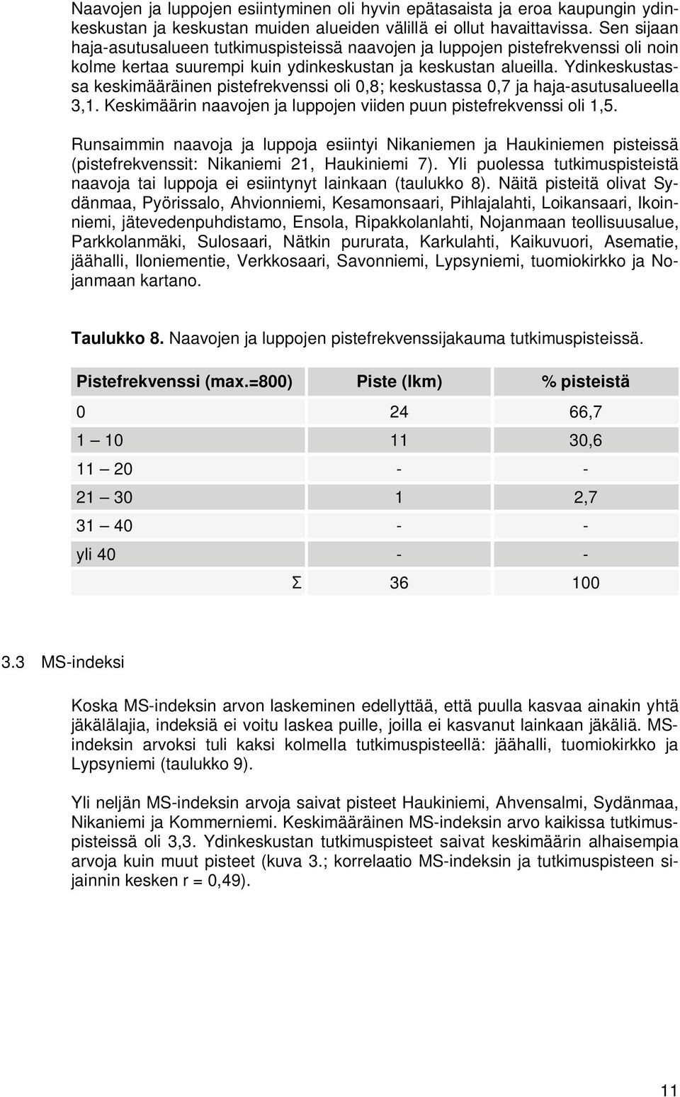 Ydinkeskustassa keskimääräinen pistefrekvenssi oli 0,8; keskustassa 0,7 ja haja-asutusalueella 3,1. Keskimäärin naavojen ja luppojen viiden puun pistefrekvenssi oli 1,5.