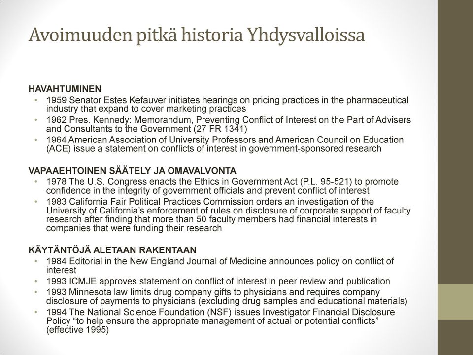 Council on Education (ACE) issue a statement on conflicts of interest in government-sponsored research VAPAAEHTOINEN SÄÄTELY JA OMAVALVONTA 1978 The U.S. Congress enacts the Ethics in Government Act (P.