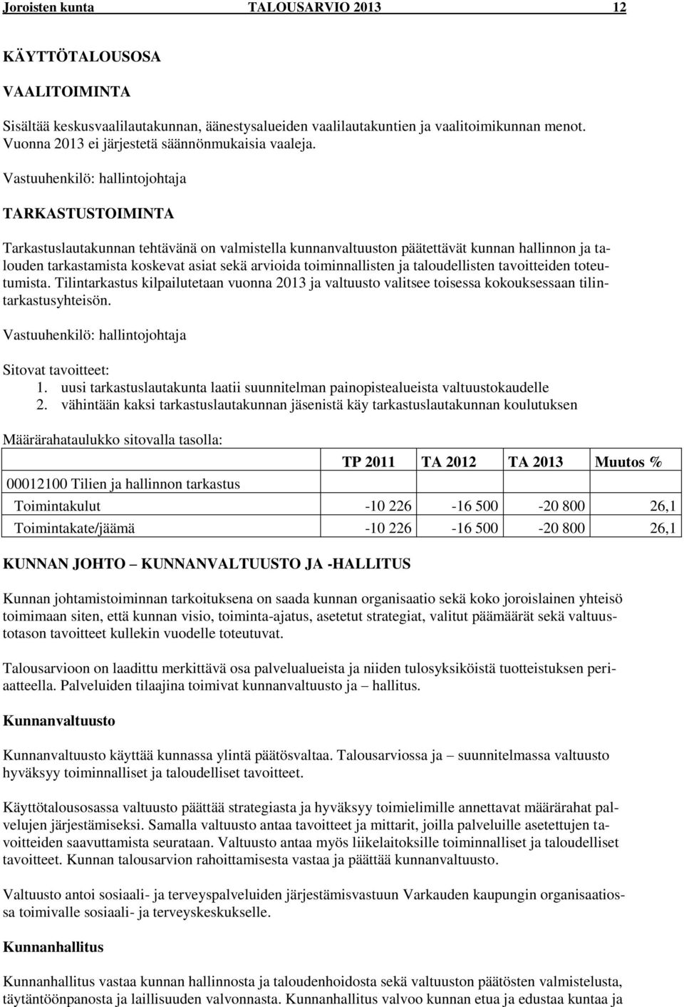 Vastuuhenkilö: hallintojohtaja TARKASTUSTOIMINTA Tarkastuslautakunnan tehtävänä on valmistella kunnanvaltuuston päätettävät kunnan hallinnon ja talouden tarkastamista koskevat asiat sekä arvioida