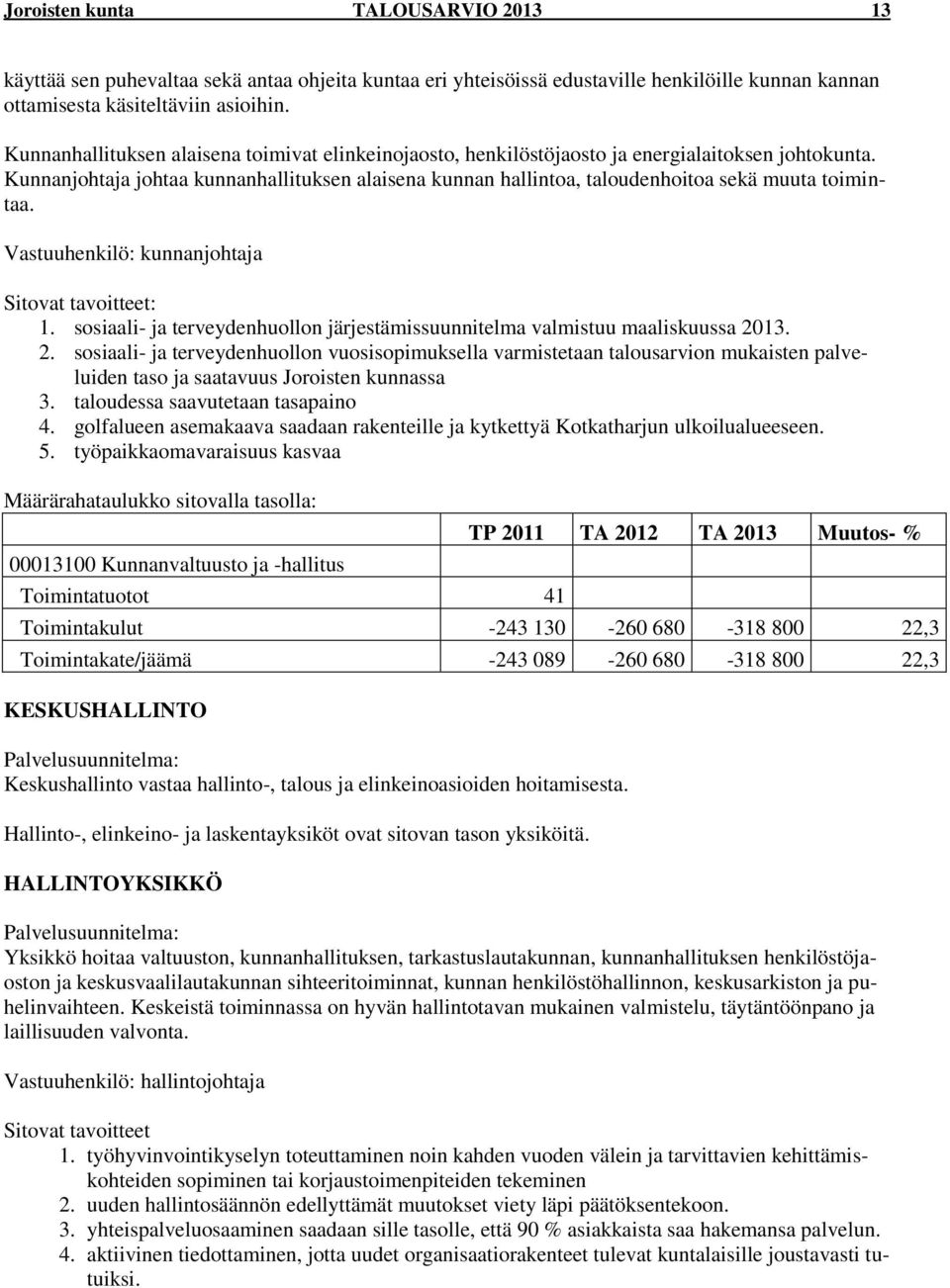 Kunnanjohtaja johtaa kunnanhallituksen alaisena kunnan hallintoa, taloudenhoitoa sekä muuta toimintaa. Vastuuhenkilö: kunnanjohtaja Sitovat tavoitteet: 1.