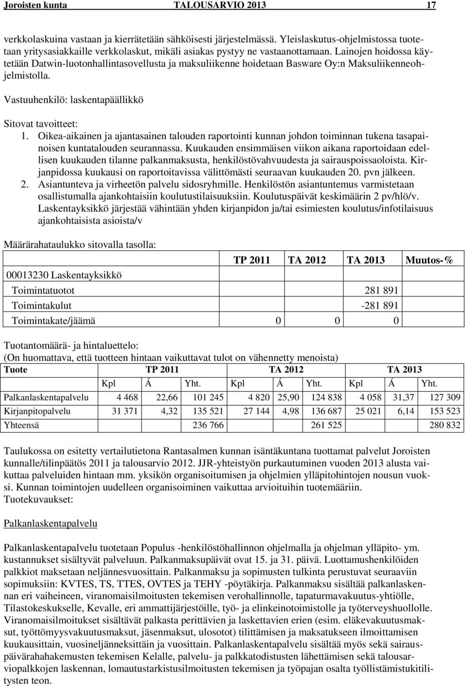 Lainojen hoidossa käytetään Datwin-luotonhallintasovellusta ja maksuliikenne hoidetaan Basware Oy:n Maksuliikenneohjelmistolla. Vastuuhenkilö: laskentapäällikkö Sitovat tavoitteet: 1.