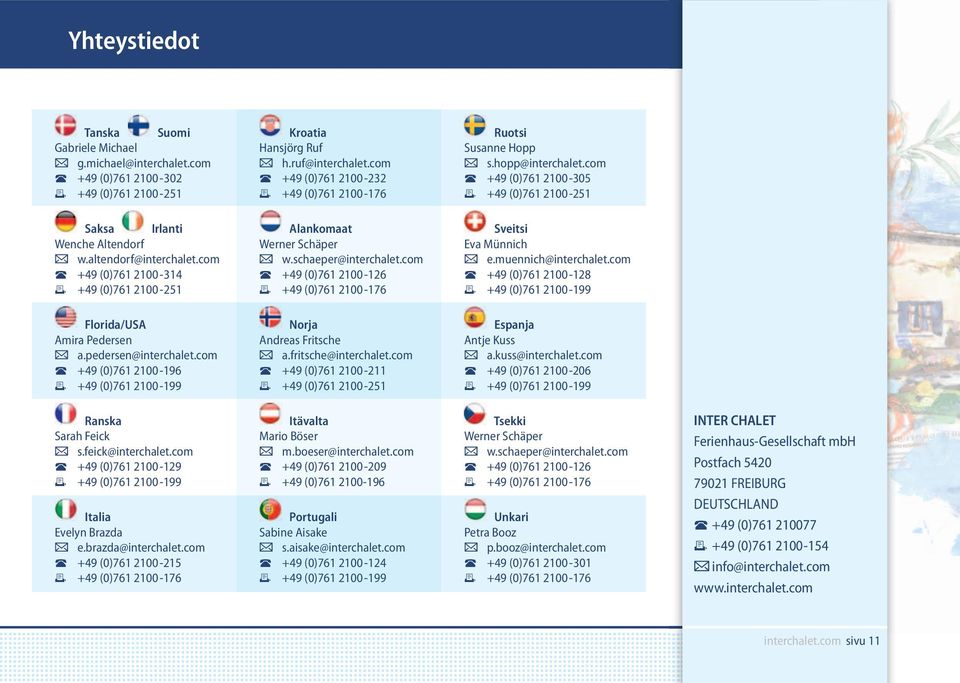 com +49 (0)761 2100-314 +49 (0)761 2100-251 Alankomaat Werner Schäper w.schaeper@interchalet.com +49 (0)761 2100-126 +49 (0)761 2100-176 Sveitsi Eva Münnich e.muennich@interchalet.