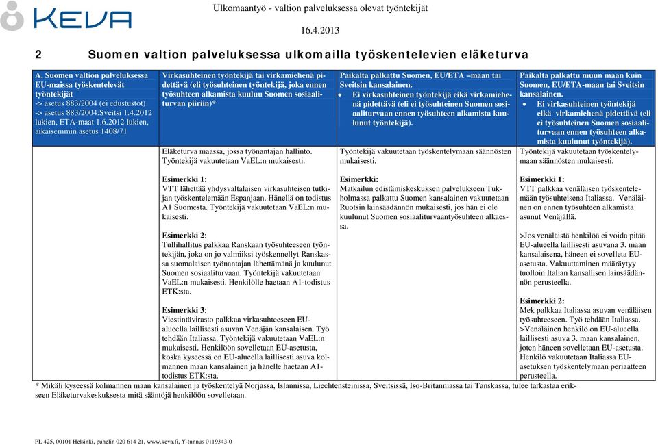 2012 lukien, aikaisemmin asetus 1408/71 Virkasuhteinen työntekijä tai virkamiehenä pidettävä (eli työsuhteinen työntekijä, joka ennen työsuhteen alkamista kuuluu Suomen sosiaaliturvan piiriin)*