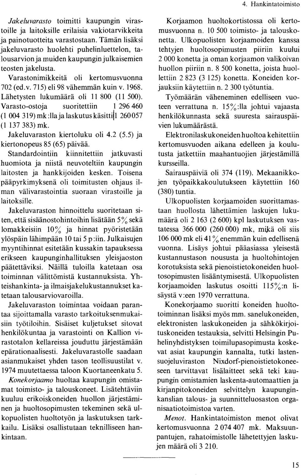 1968. Lähetysten lukumäärä oli 11 800 (11 500). Varasto-ostoja suoritettiin 1 296 460 (1 004 319) mk :11a ja laskutus käsittijl 260057 (1 137 383) mk. Jakeluvaraston kiertoluku oli 4.2 (5.