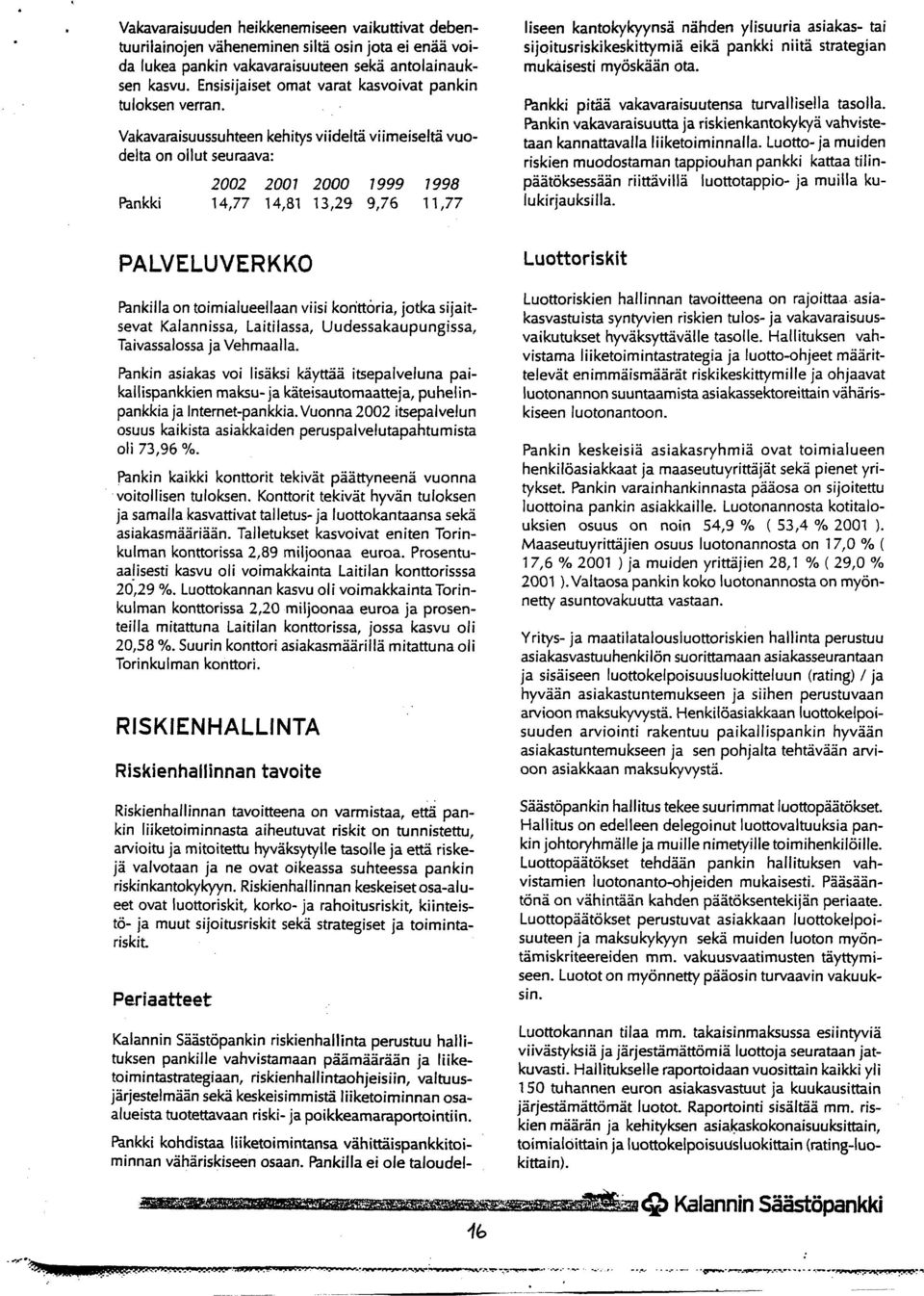 Vakavaraisuussuhteen kehitys viideltä viimeiseltä vuodelta on ollut seuraava: 2002 2007 2000 7999 7998 Pankki 14,77 14,81 13,29 9,76 11,77 liseen kantokykyynsä nähden ylisuuria asiakas- tai