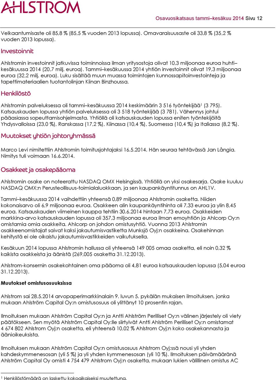 Tammi kesäkuussa 2014 yhtiön investoinnit olivat 19,3 miljoonaa euroa (32,2 milj. euroa).