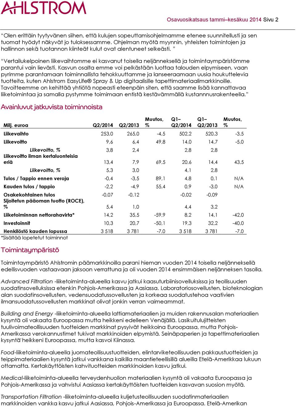 Vertailukelpoinen liikevaihtomme ei kasvanut toisella neljänneksellä ja toimintaympäristömme parantui vain lievästi.