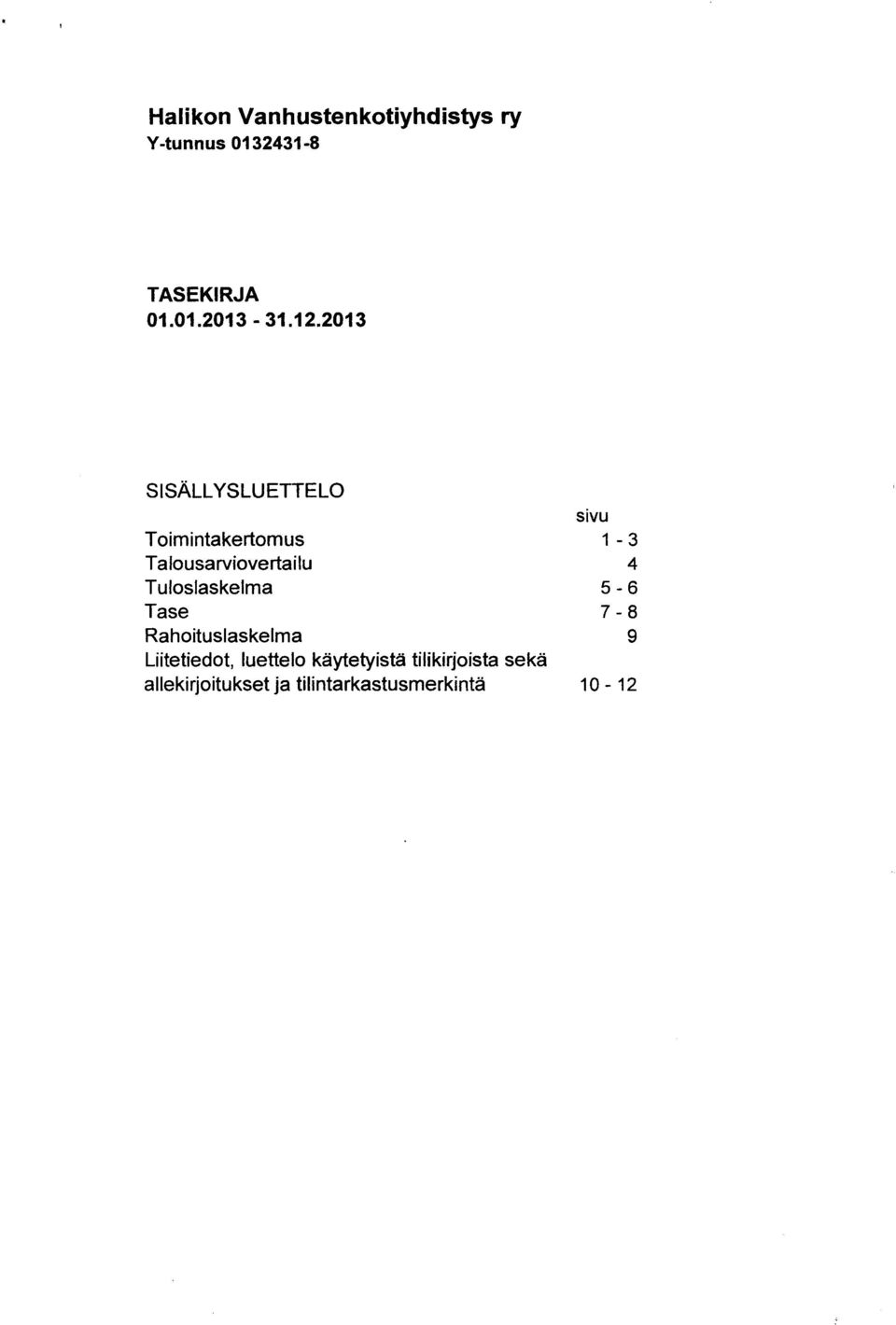 Tuloslaskelma 5-6 Tase 7-8 Rahoituslaskelma 9 Liitetiedot, luettelo