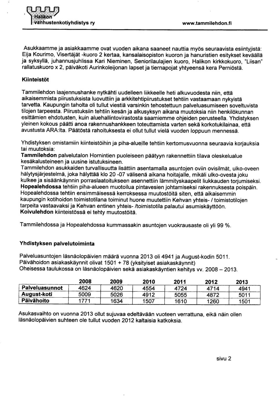 syksyllä, juhannusjuhlissa Kari Nieminen, Seniorilaulajien kuoro, Halikon kirkkokuoro, "Liisan" rallatuskuoro x 2, päiväkoti Aurinkoleijonan lapset ja tiernapojat yhtyeensä kera Perniöstä.