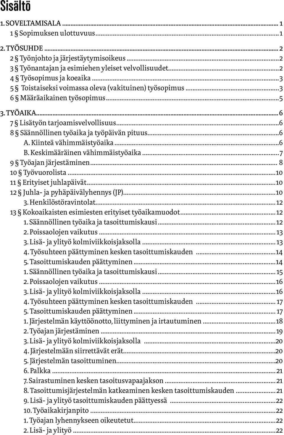 Kiinteä vähimmäistyöaika...6 B. Keskimääräinen vähimmäistyöaika...7 9 Työajan järjestäminen... 8 10 Työvuorolista...10 11 Erityiset juhlapäivät...10 12 Juhla- ja pyhäpäivälyhennys (JP)...10 3.