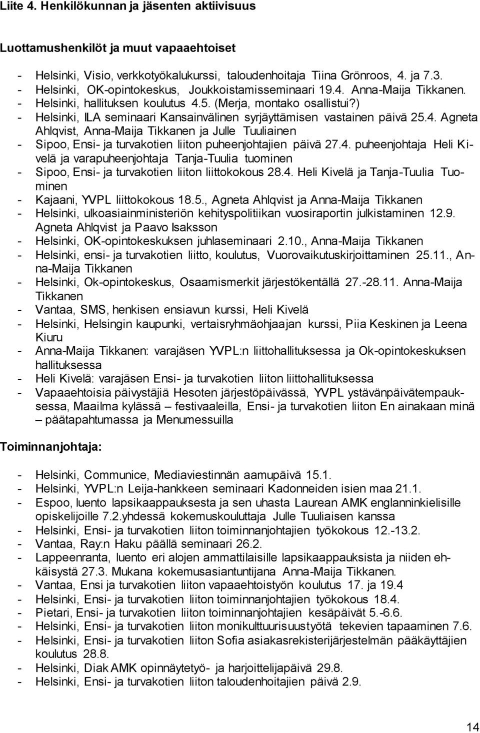 ) - Helsinki, ILA seminaari Kansainvälinen syrjäyttämisen vastainen päivä 25.4. Agneta Ahlqvist, Anna-Maija Tikkanen ja Julle Tuuliainen - Sipoo, Ensi- ja turvakotien liiton puheenjohtajien päivä 27.