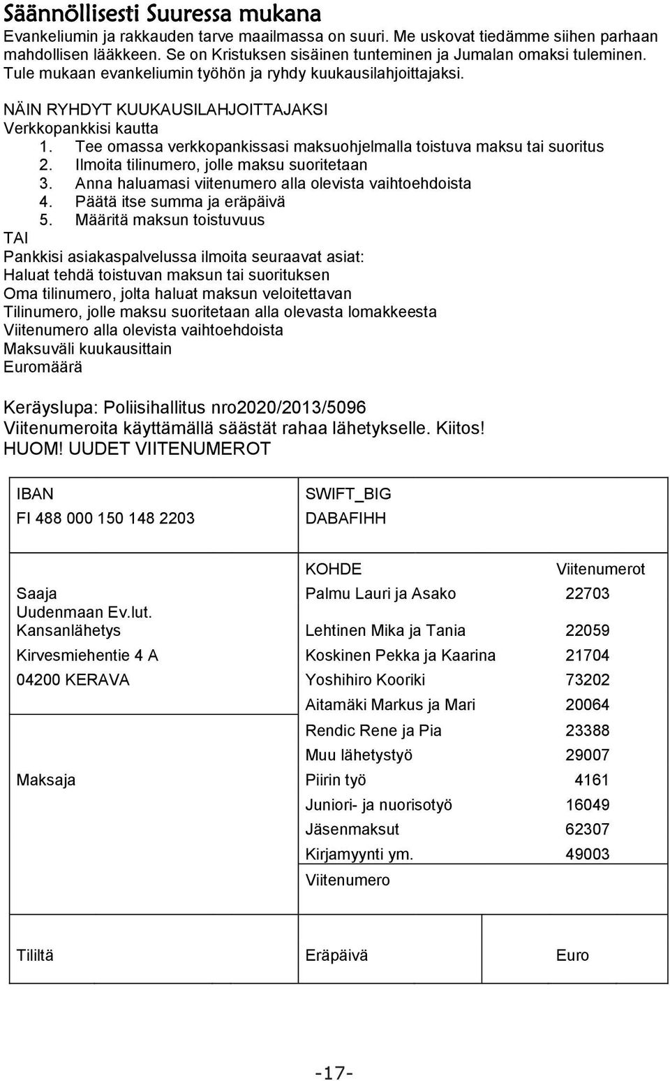 Tee omassa verkkopankissasi maksuohjelmalla toistuva maksu tai suoritus 2. Ilmoita tilinumero, jolle maksu suoritetaan 3. Anna haluamasi viitenumero alla olevista vaihtoehdoista 4.