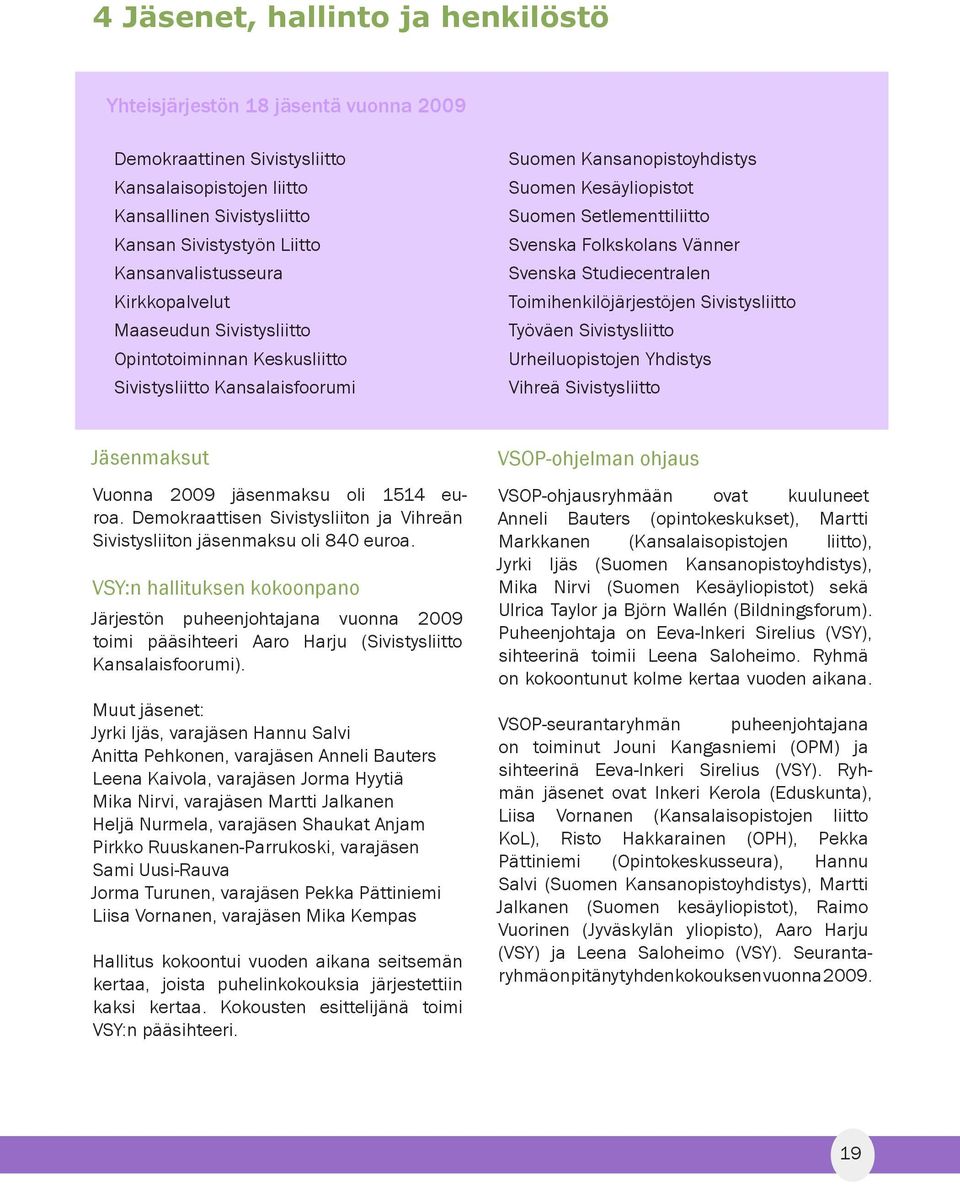 Svenska Folkskolans Vänner Svenska Studiecentralen Toimihenkilöjärjestöjen Sivistysliitto Työväen Sivistysliitto Urheiluopistojen Yhdistys Vihreä Sivistysliitto Jäsenmaksut Vuonna 2009 jäsenmaksu oli