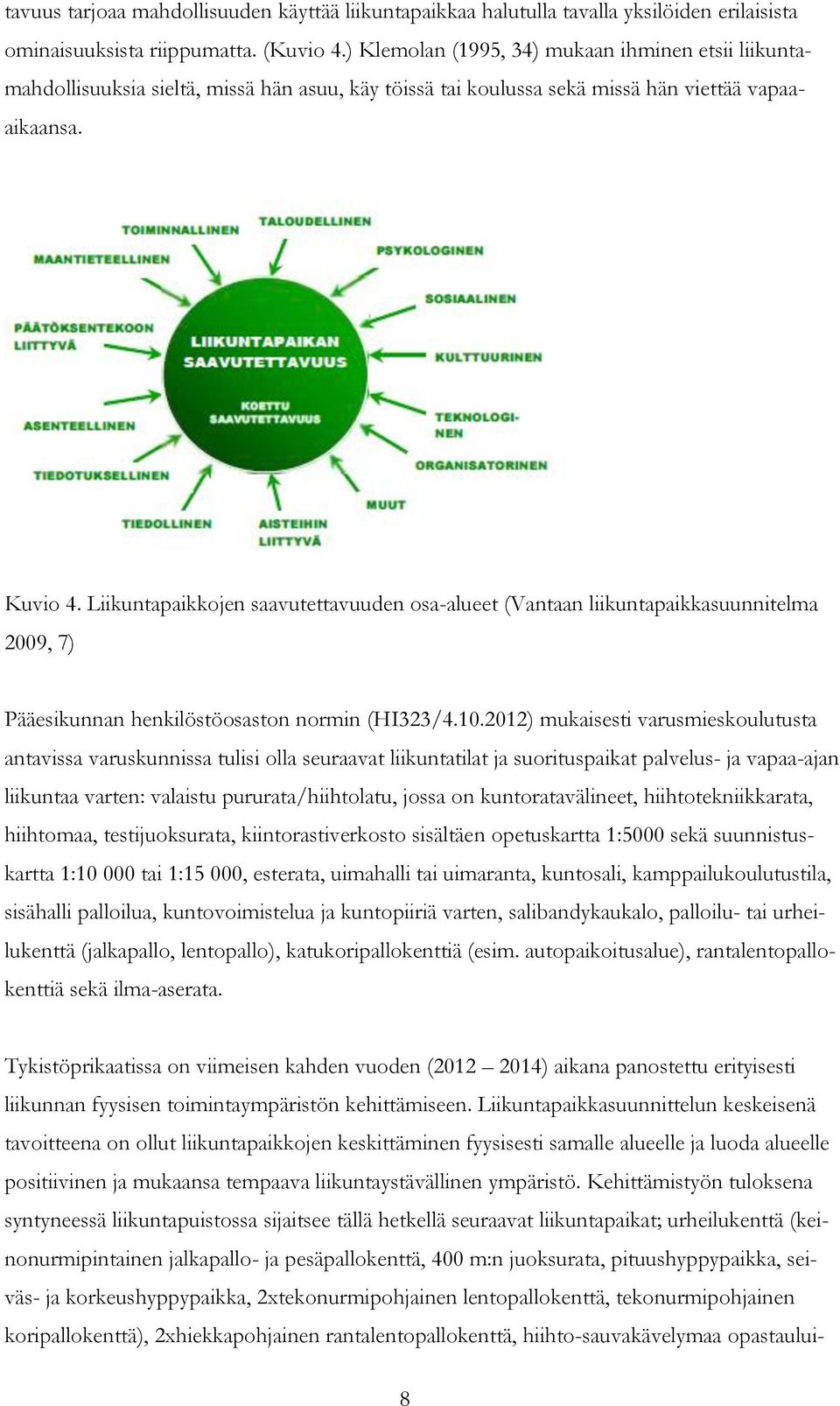 Liikuntapaikkojen saavutettavuuden osa-alueet (Vantaan liikuntapaikkasuunnitelma 2009, 7) Pääesikunnan henkilöstöosaston normin (HI323/4.10.