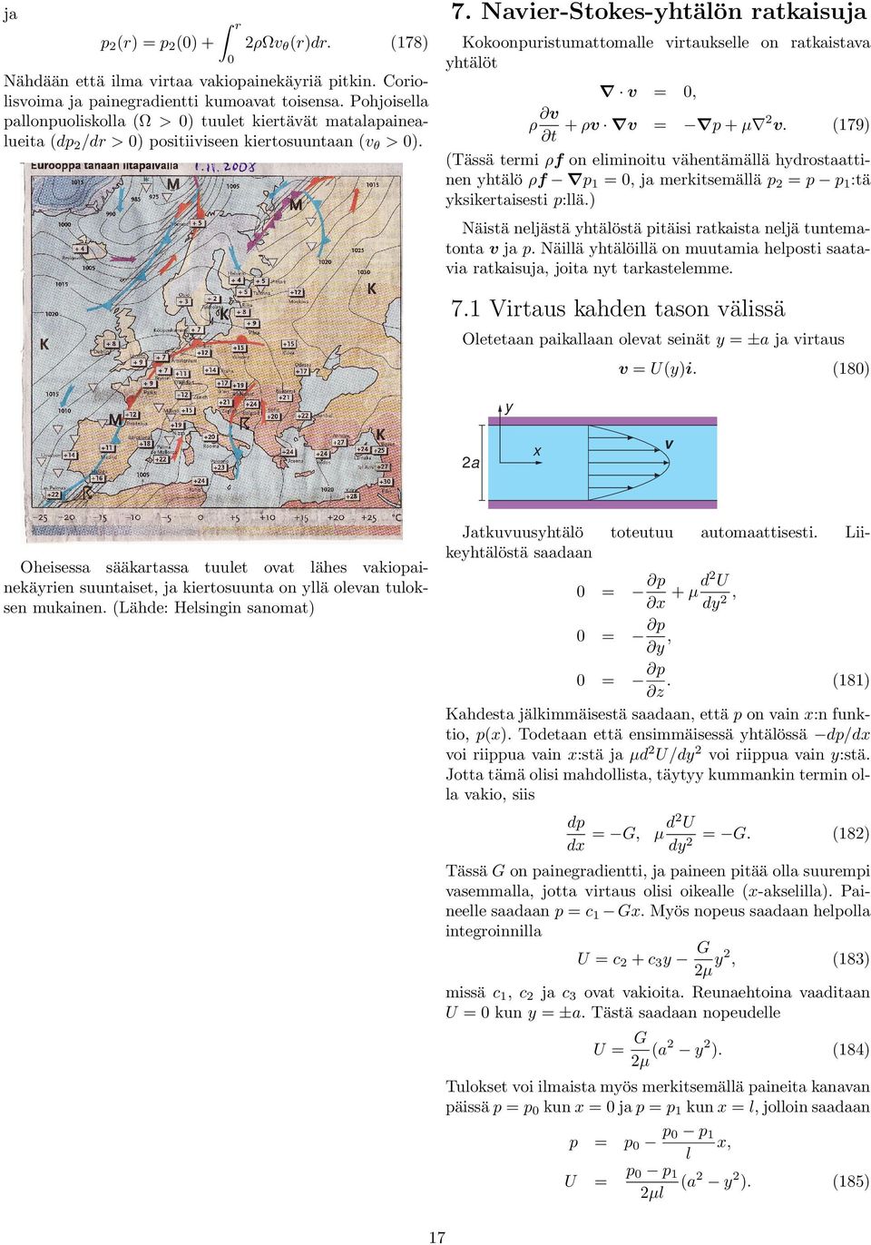 v = 0, v + ρv v = p + µ 2 v. (179) ρ t (Ta ssa temi ρf on eliminoitu va henta ma lla hydostaattinen yhta lo ρf p1 = 0, ja mekitsema lla p2 = p p1 :ta yksiketaisesti p:lla.