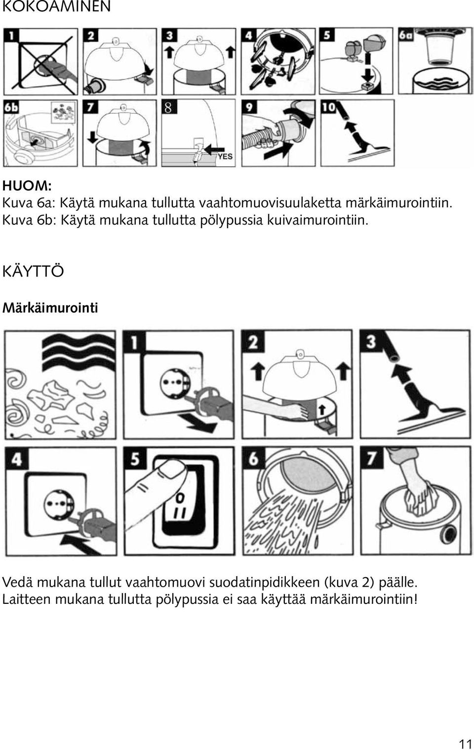 KÄYTTÖ Märkäimurointi Vedä mukana tullut vaahtomuovi suodatinpidikkeen (kuva