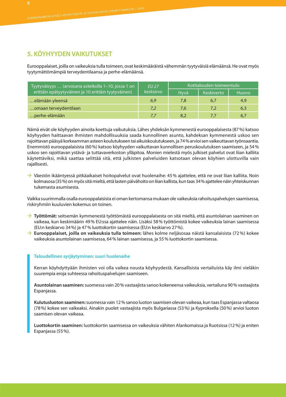 Tyytyväisyys (arvosana asteikolla 1 10, jossa 1 on EU 27 Kotitalouden toimeentulo erittäin epätyytyväinen ja 10 erittäin tyytyväinen) keskiarvo Hyvä Keskiverto Huono elämään yleensä 6,9 7,8 6,7 4,9