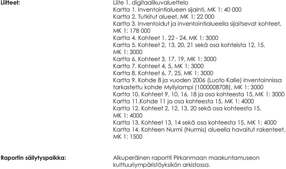 Kohteet 3, 17, 19, MK 1: 3000 Kartta 7. Kohteet 4, 5, MK 1: 3000 Kartta 8. Kohteet 6, 7, 25, MK 1: 3000 Kartta 9.