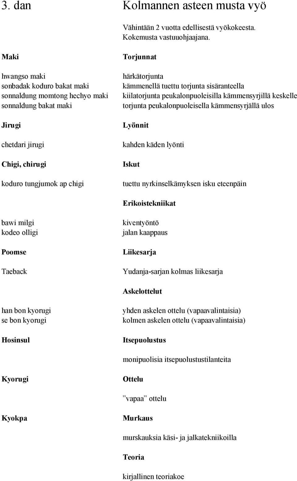 kiilatorjunta peukalonpuoleisilla kämmensyrjillä keskelle torjunta peukalonpuoleisella kämmensyrjällä ulos kahden käden lyönti tuettu nyrkinselkämyksen isku eteenpäin Erikoistekniikat bawi milgi