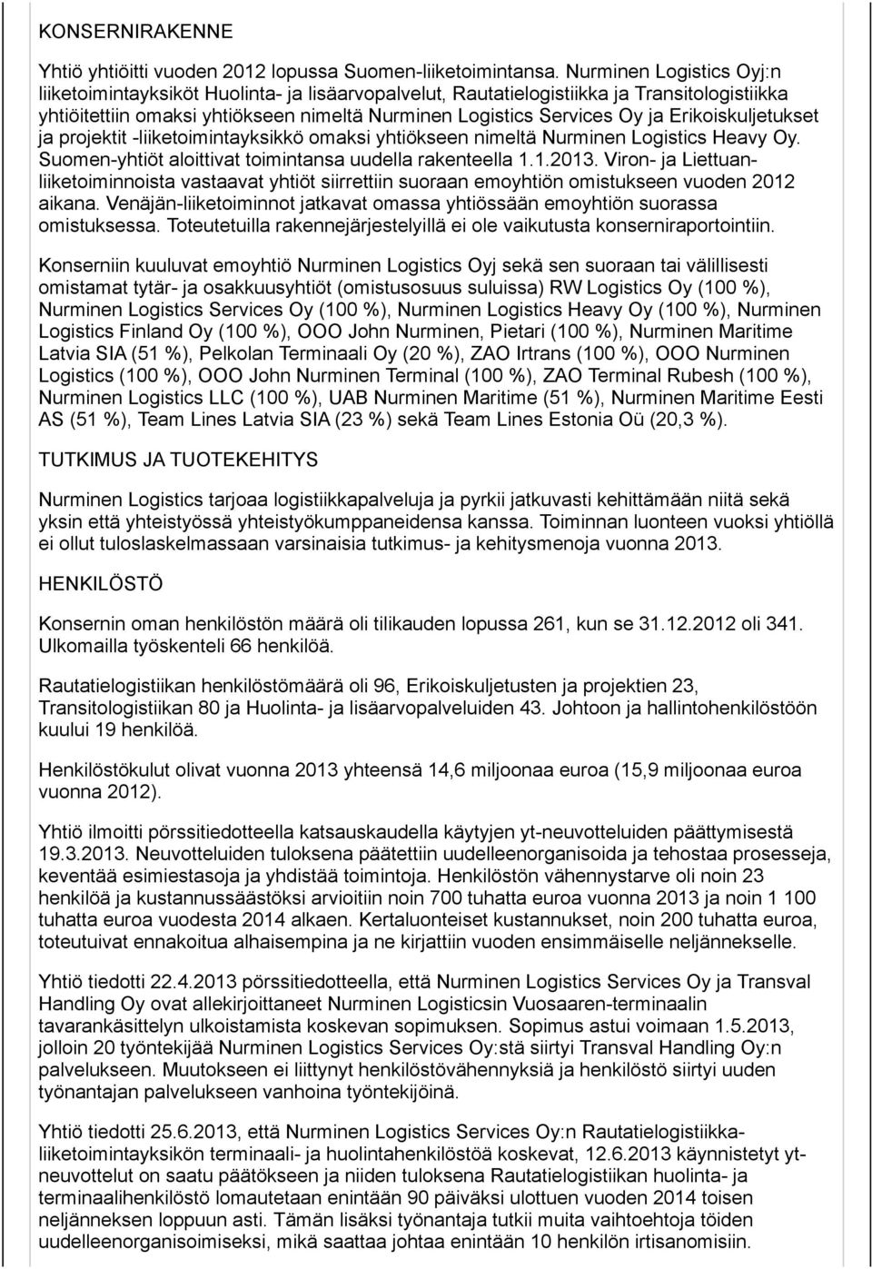 Erikoiskuljetukset ja projektit -liiketoimintayksikkö omaksi yhtiökseen nimeltä Nurminen Logistics Heavy Oy. Suomen-yhtiöt aloittivat toimintansa uudella rakenteella 1.1.2013.