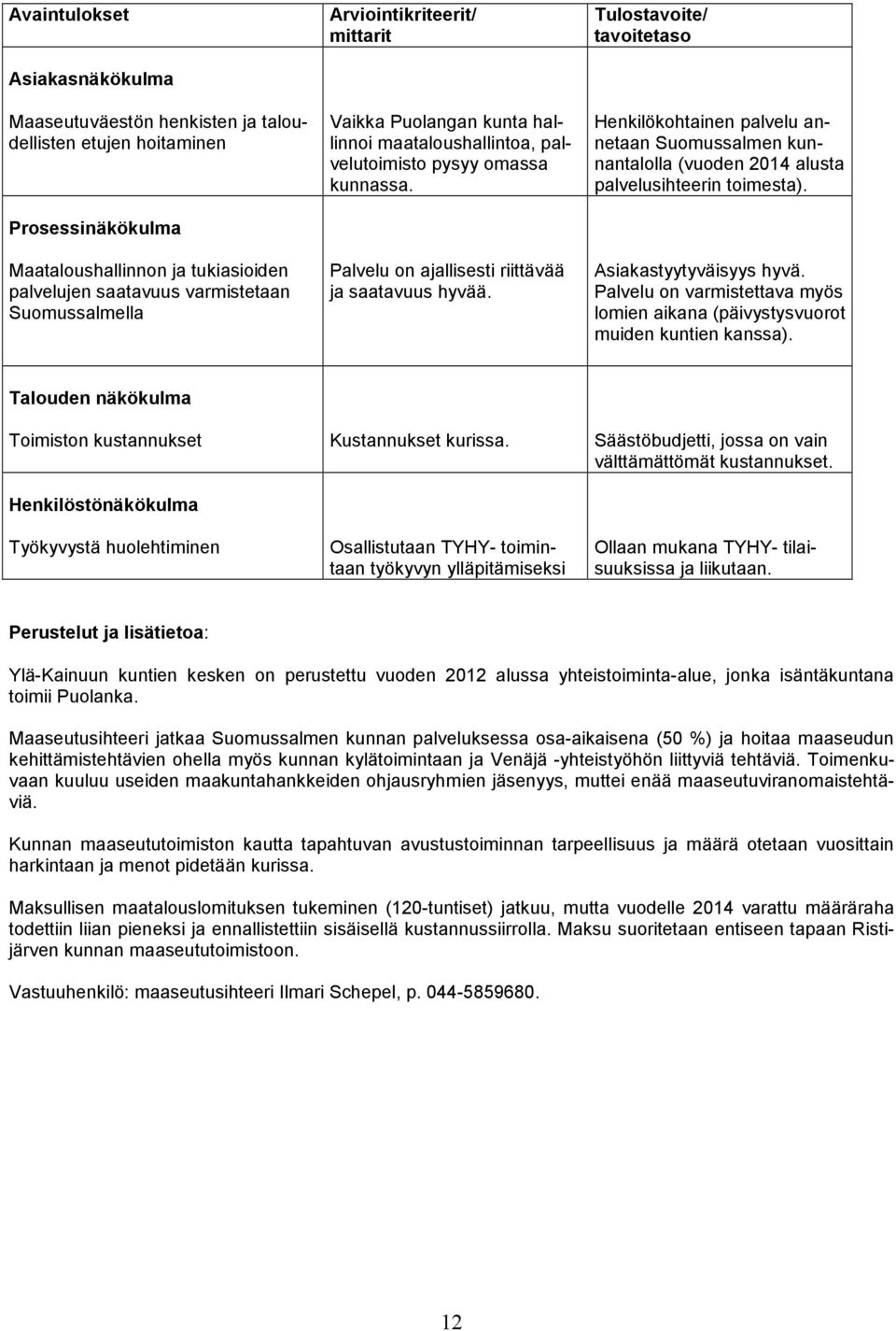 Tulostavoite/ tavoitetaso Henkilökohtainen palvelu annetaan Suomussalmen kunnantalolla (vuoden 2014 alusta palvelusihteerin toimesta). Asiakastyytyväisyys hyvä.