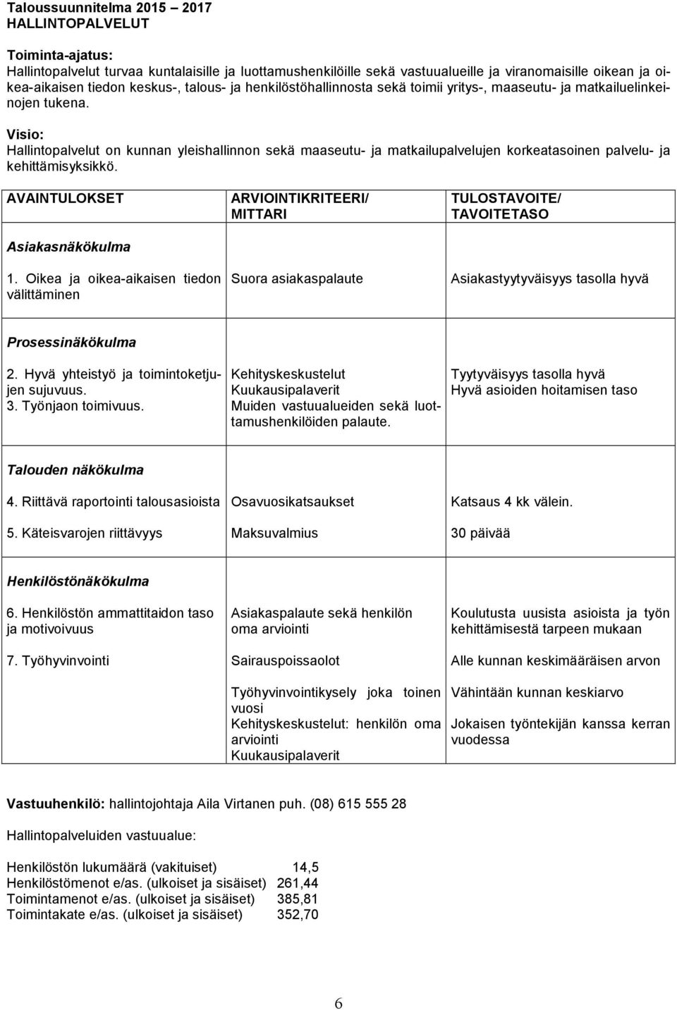 Visio: Hallintopalvelut on kunnan yleishallinnon sekä maaseutu- ja matkailupalvelujen korkeatasoinen palvelu- ja kehittämisyksikkö. AVAINTULOKSET Asiakasnäkökulma 1.