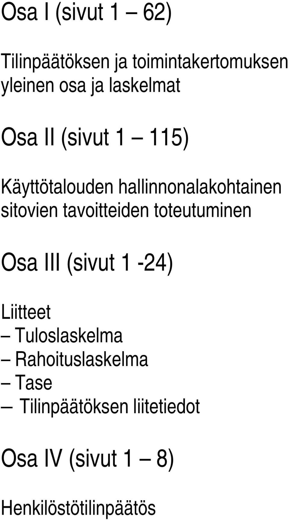 tavoitteiden toteutuminen Osa III (sivut 1-24) Liitteet Tuloslaskelma