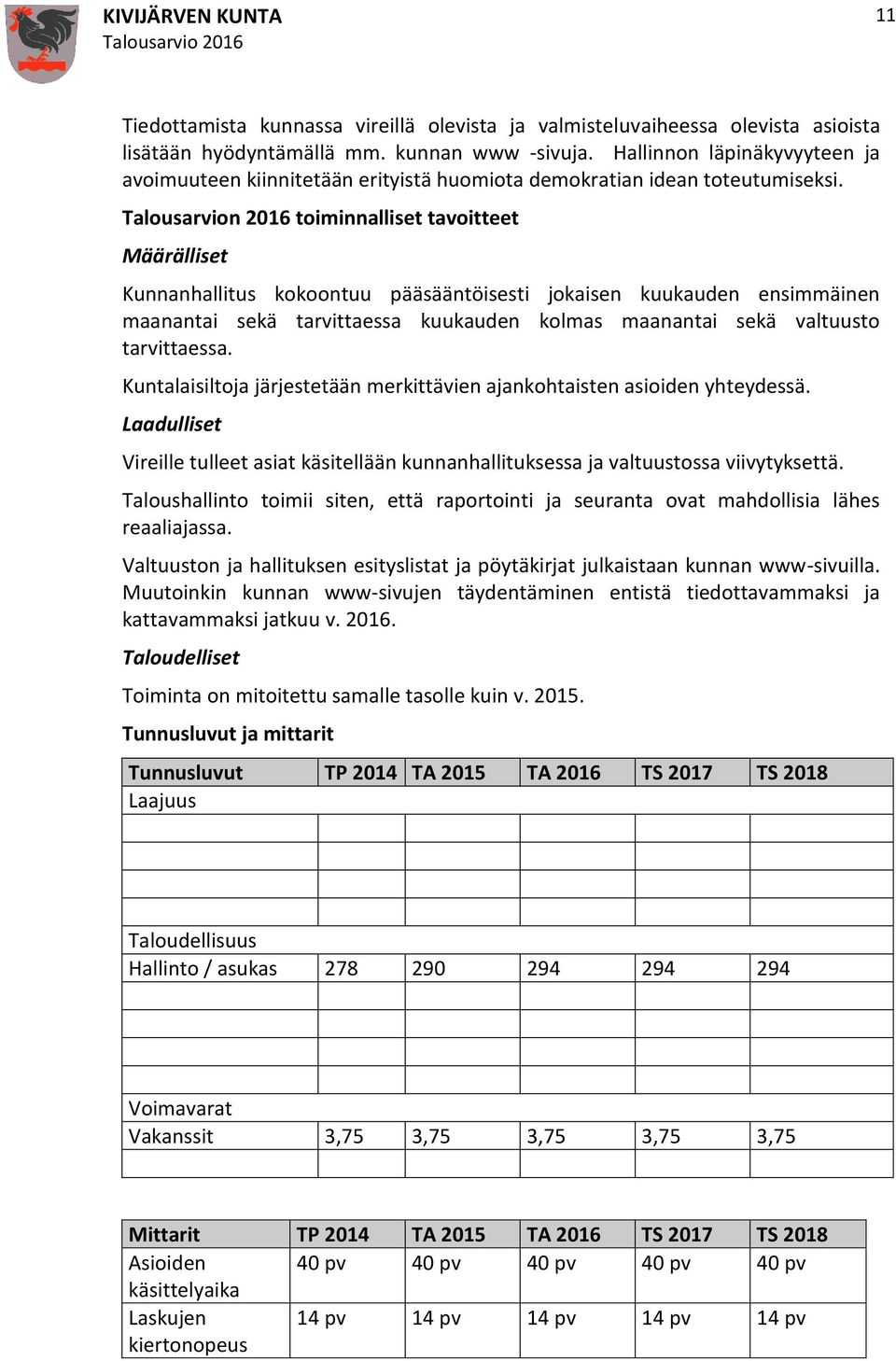 Talousarvion 2016 toiminnalliset tavoitteet Määrälliset Kunnanhallitus kokoontuu pääsääntöisesti jokaisen kuukauden ensimmäinen maanantai sekä tarvittaessa kuukauden kolmas maanantai sekä valtuusto