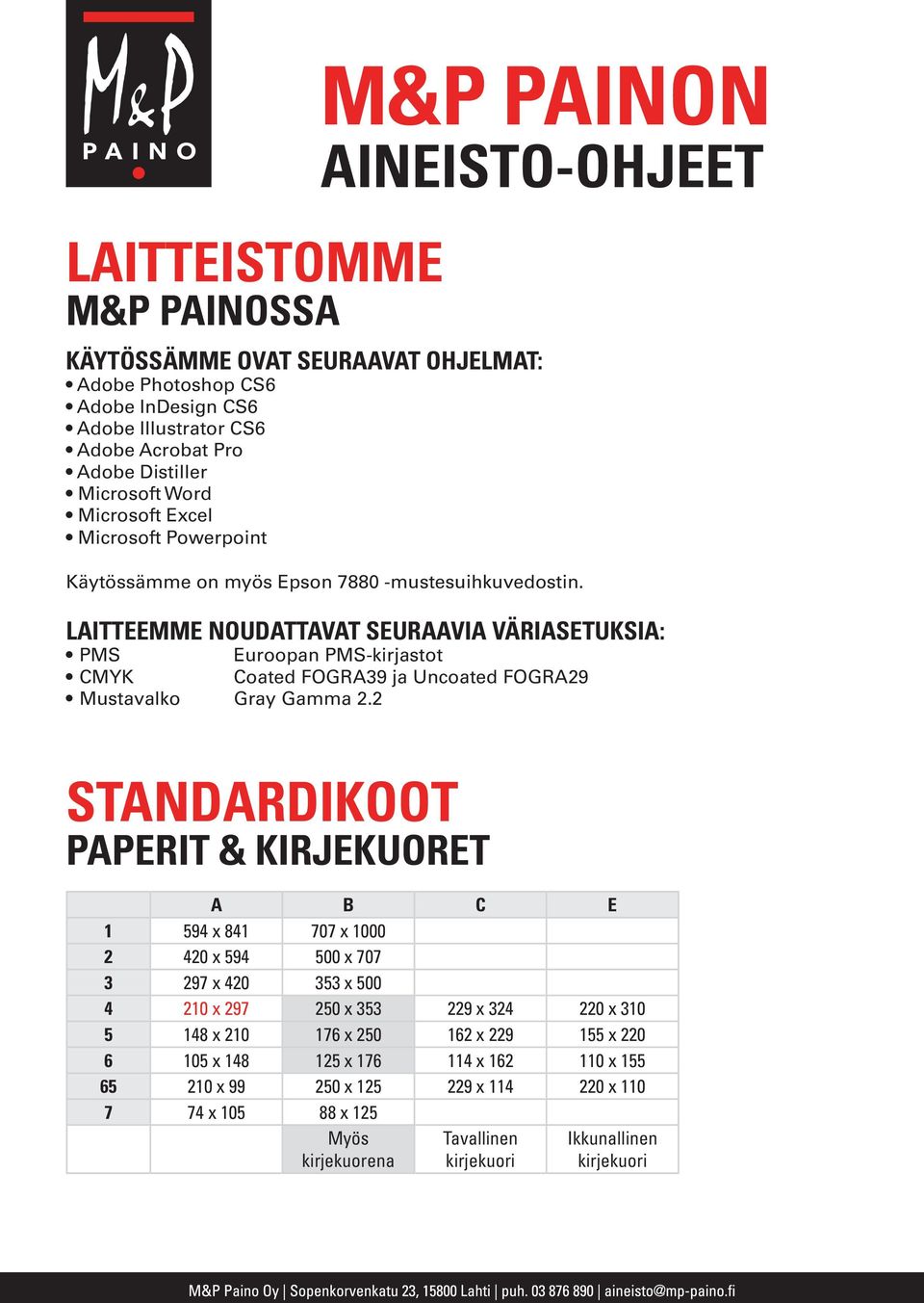 LAITTEEMME NOUDATTAVAT SEURAAVIA VÄRIASETUKSIA: PMS Euroopan PMS-kirjastot CMYK Coated FOGRA39 ja Uncoated FOGRA29 Mustavalko Gray Gamma 2.