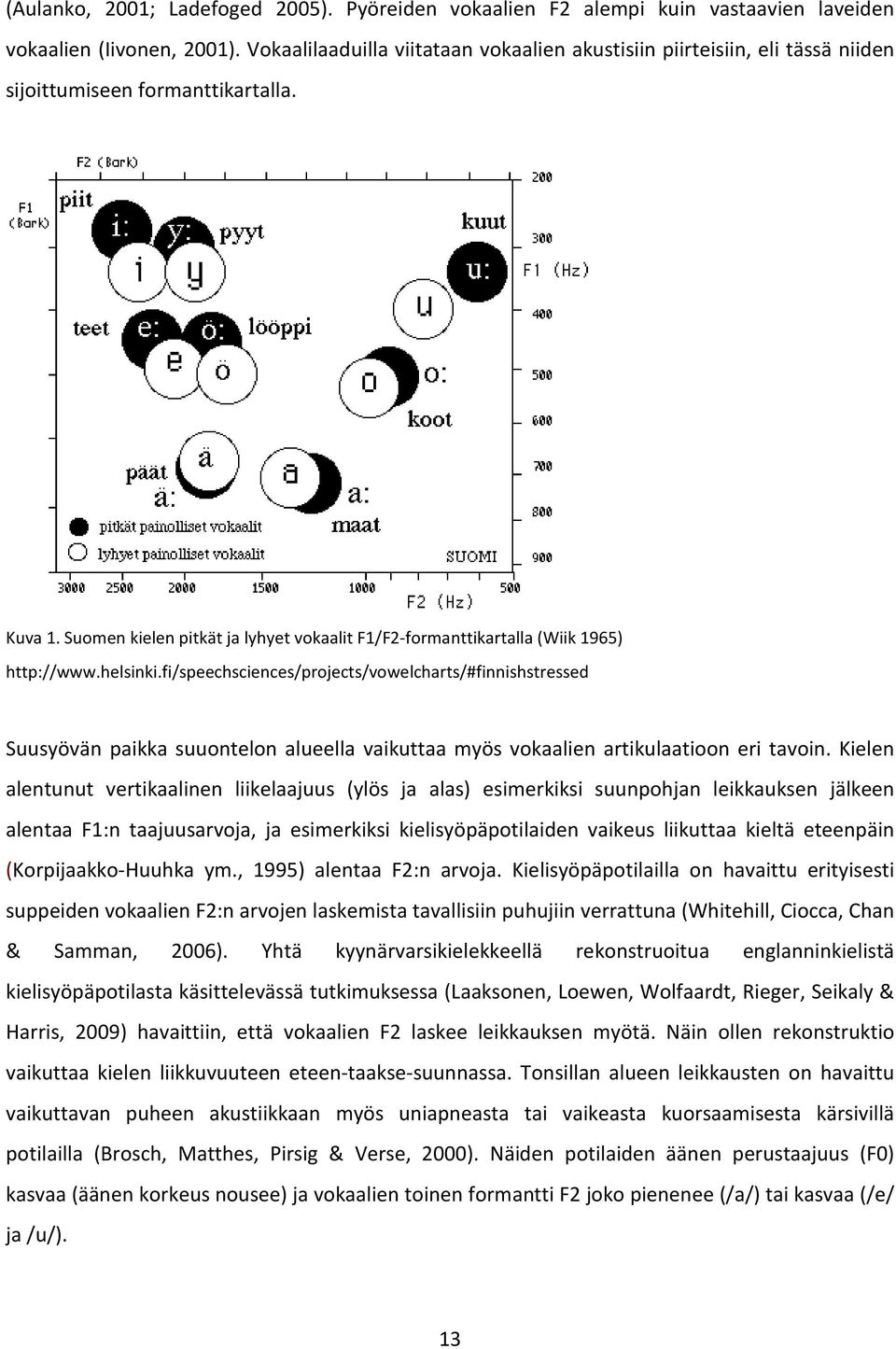 Suomen kielen pitkät ja lyhyet vokaalit F1/F2-formanttikartalla (Wiik 1965) http://www.helsinki.
